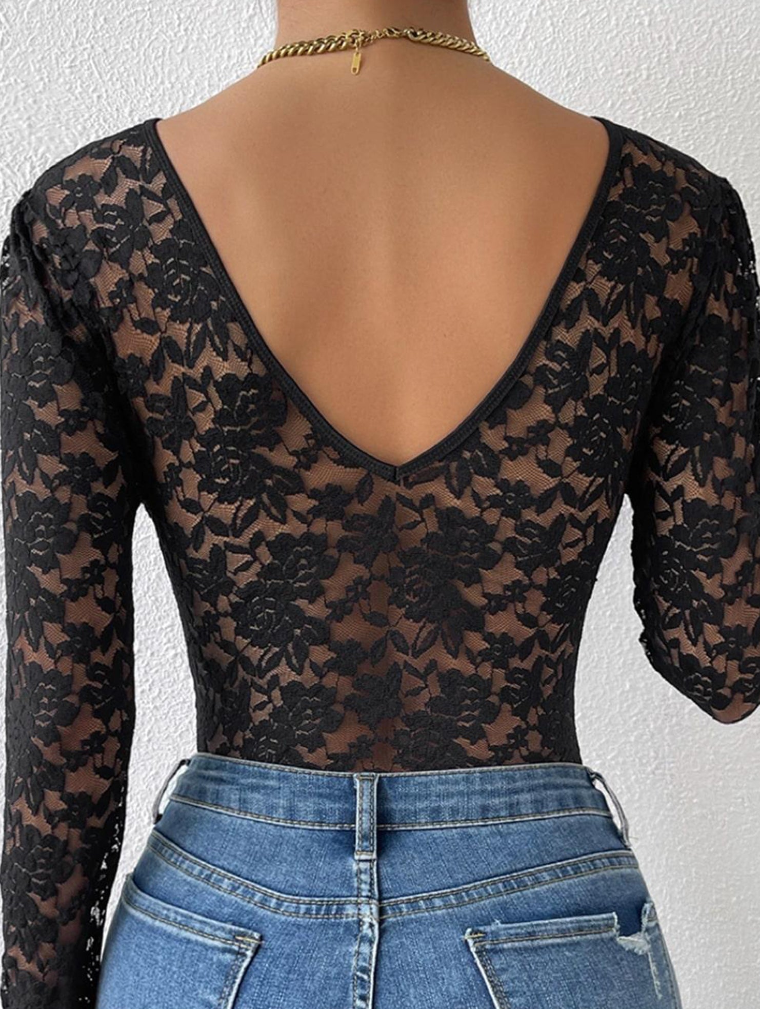 LACE LONG SLEEVE HOT GIRL SEE-THROUGH SLIM BODYSUIT