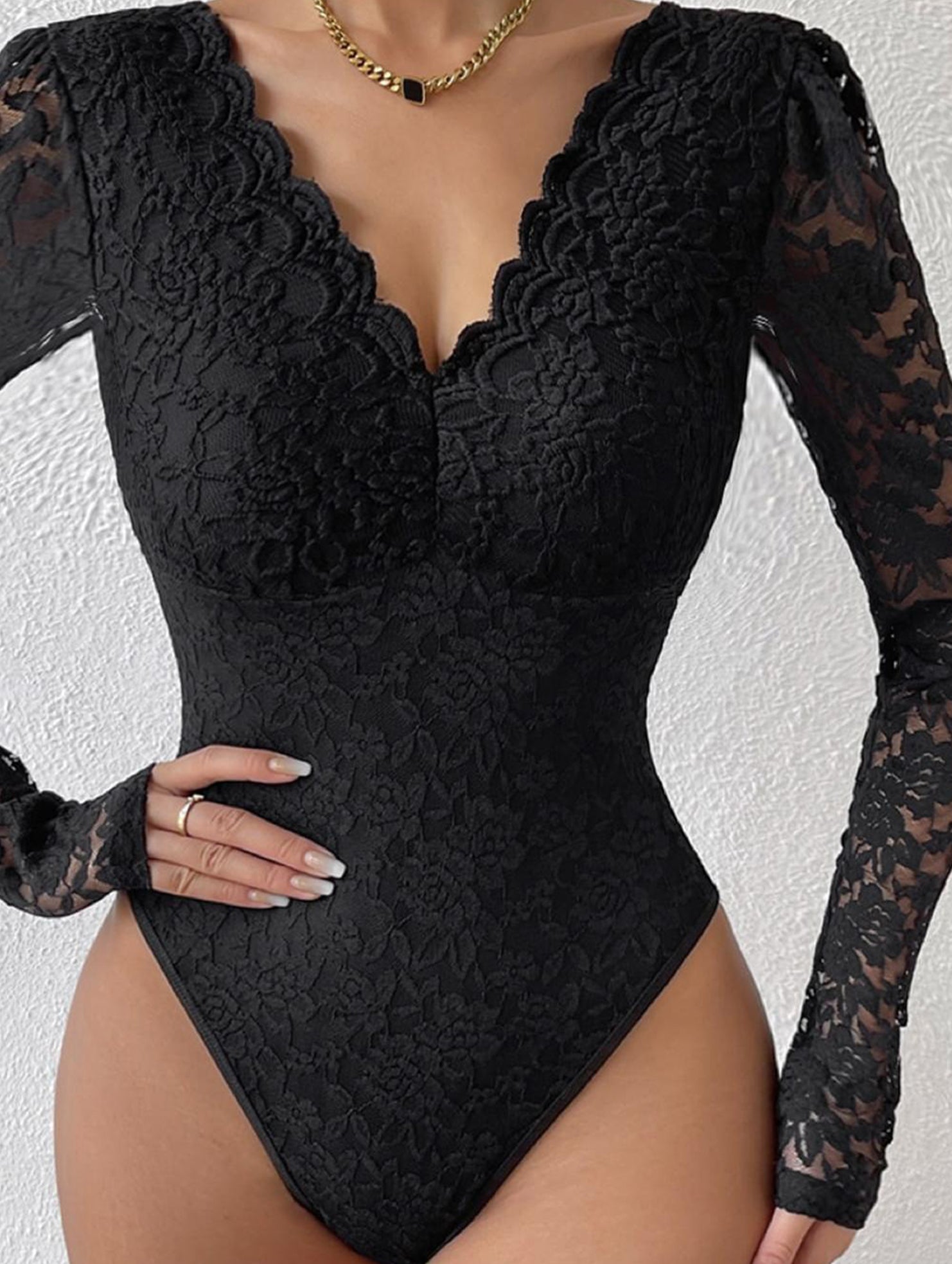 LACE LONG SLEEVE HOT GIRL SEE-THROUGH SLIM BODYSUIT