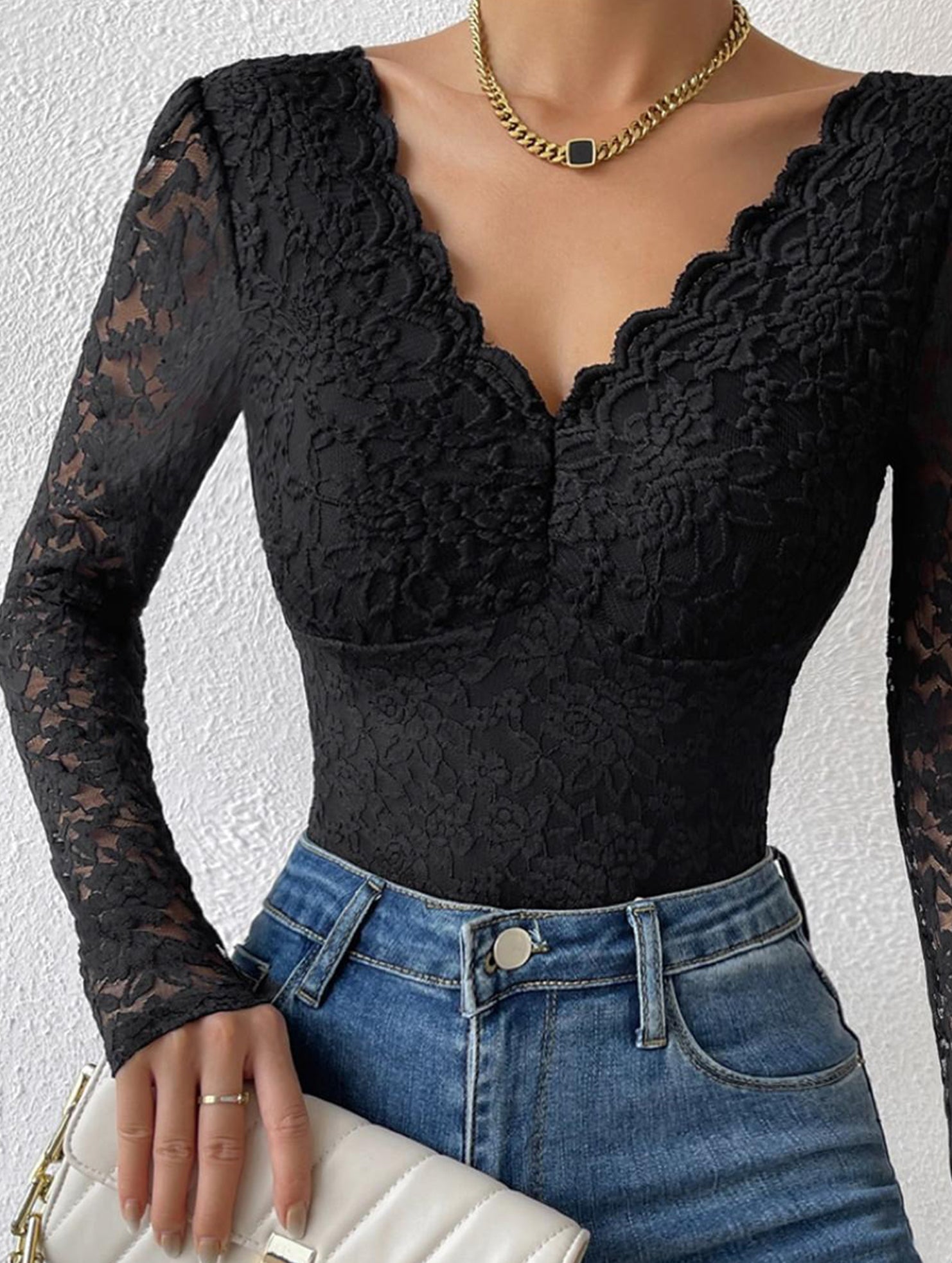 LACE LONG SLEEVE HOT GIRL SEE-THROUGH SLIM BODYSUIT