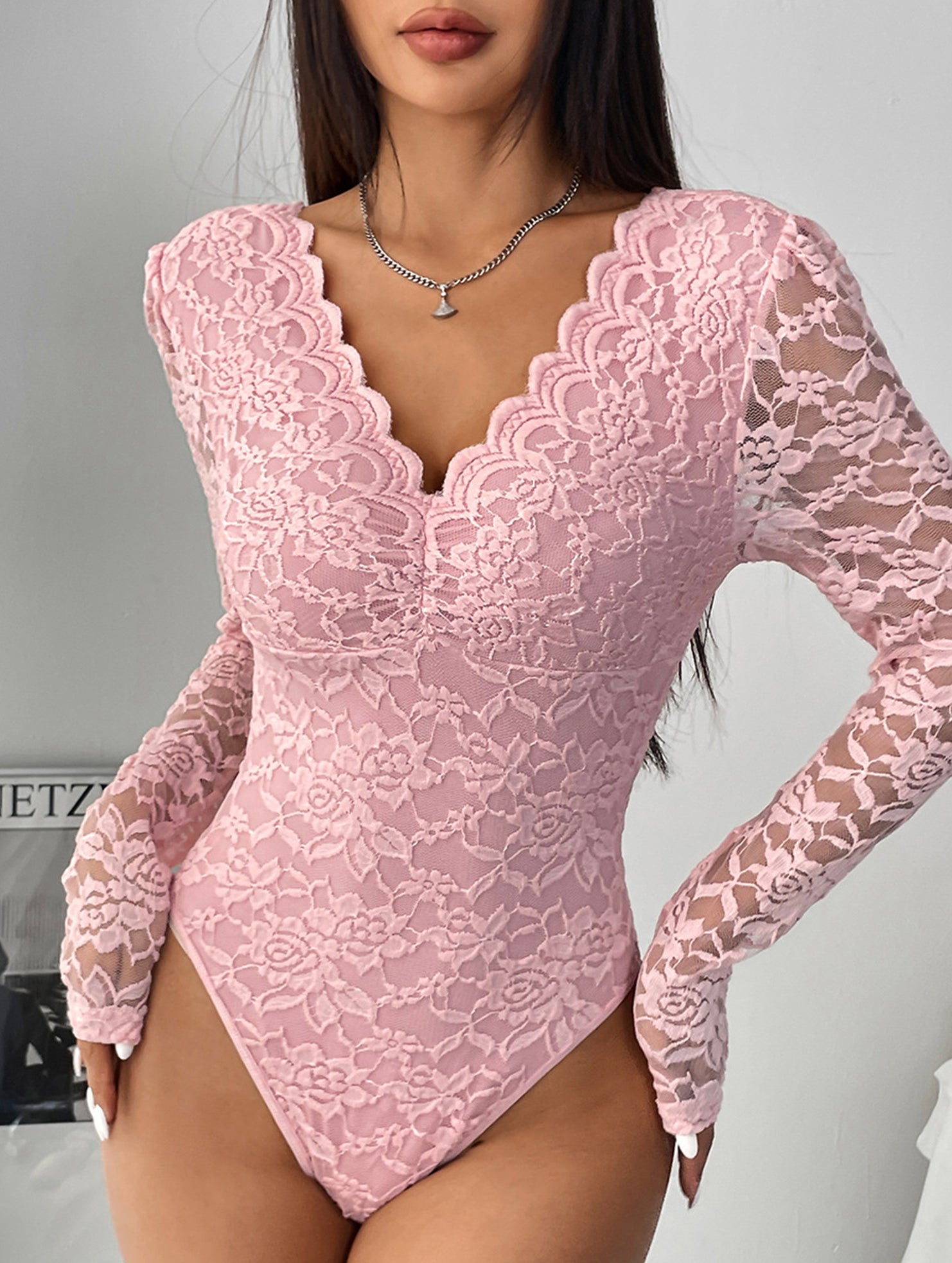 LACE LONG SLEEVE HOT GIRL SEE-THROUGH SLIM BODYSUIT