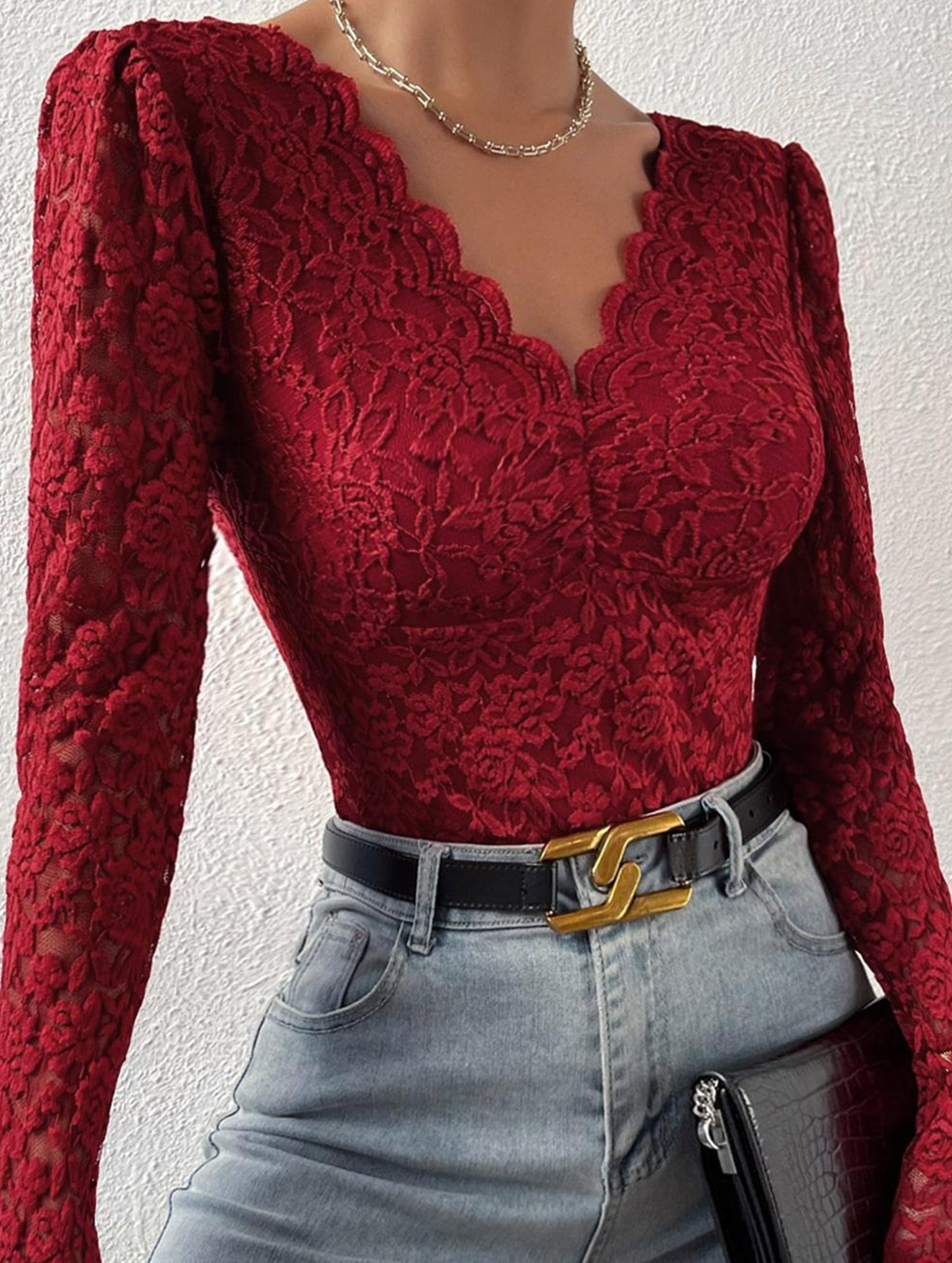 LACE LONG SLEEVE HOT GIRL SEE-THROUGH SLIM BODYSUIT