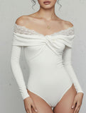 Lace-trimmed knotted off-shoulder bodysuit