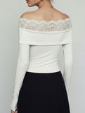 Lace-trimmed knotted off-shoulder bodysuit