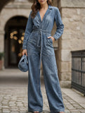 Fashionable light blue denim fitted jumpsuit