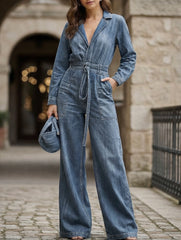 Fashionable light blue denim fitted jumpsuit