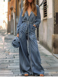 Fashionable light blue denim fitted jumpsuit