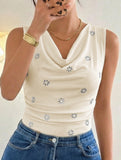 Rhinestone Draped Sleeveless Bodysuit