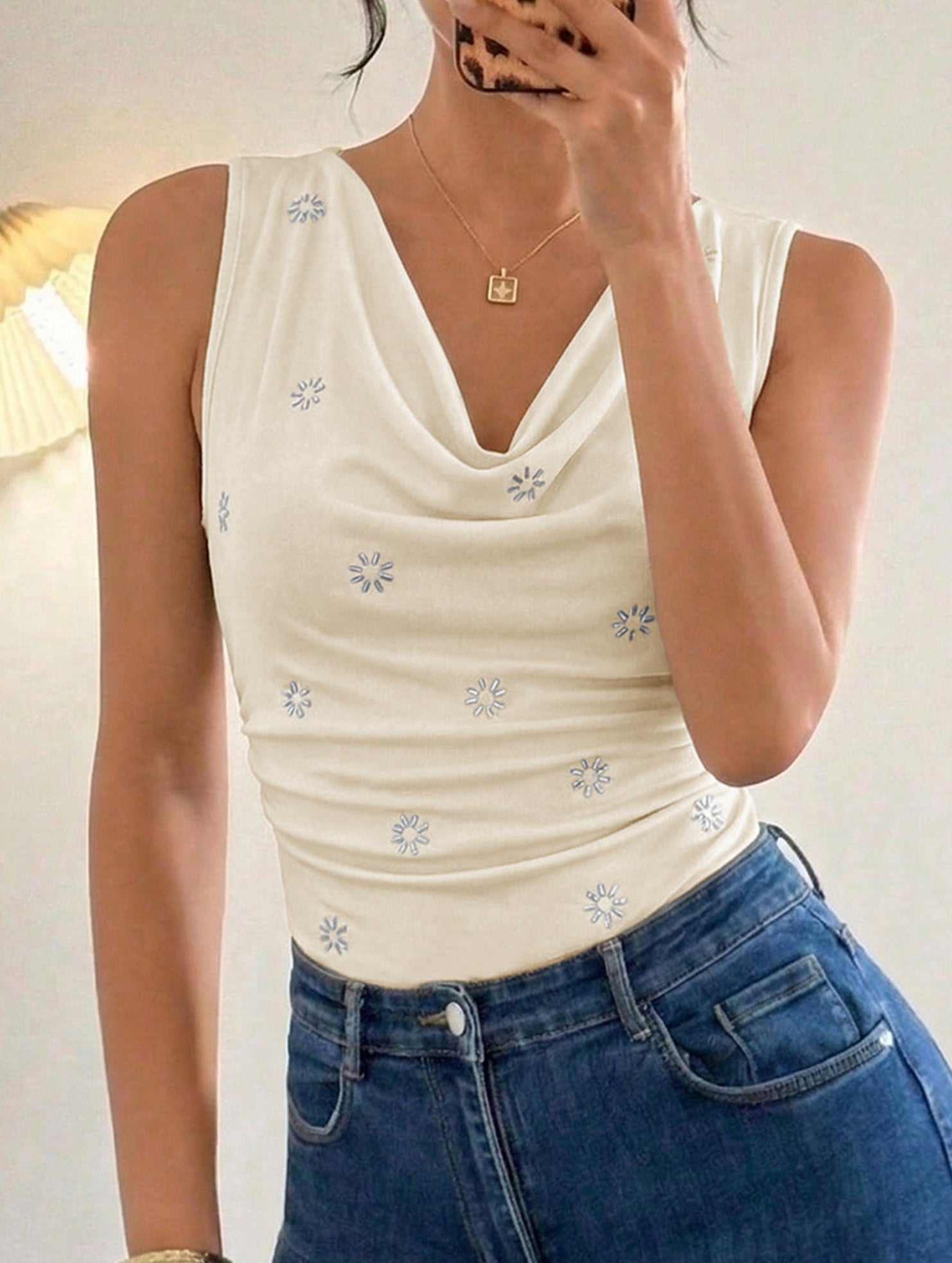 Rhinestone Draped Sleeveless Bodysuit