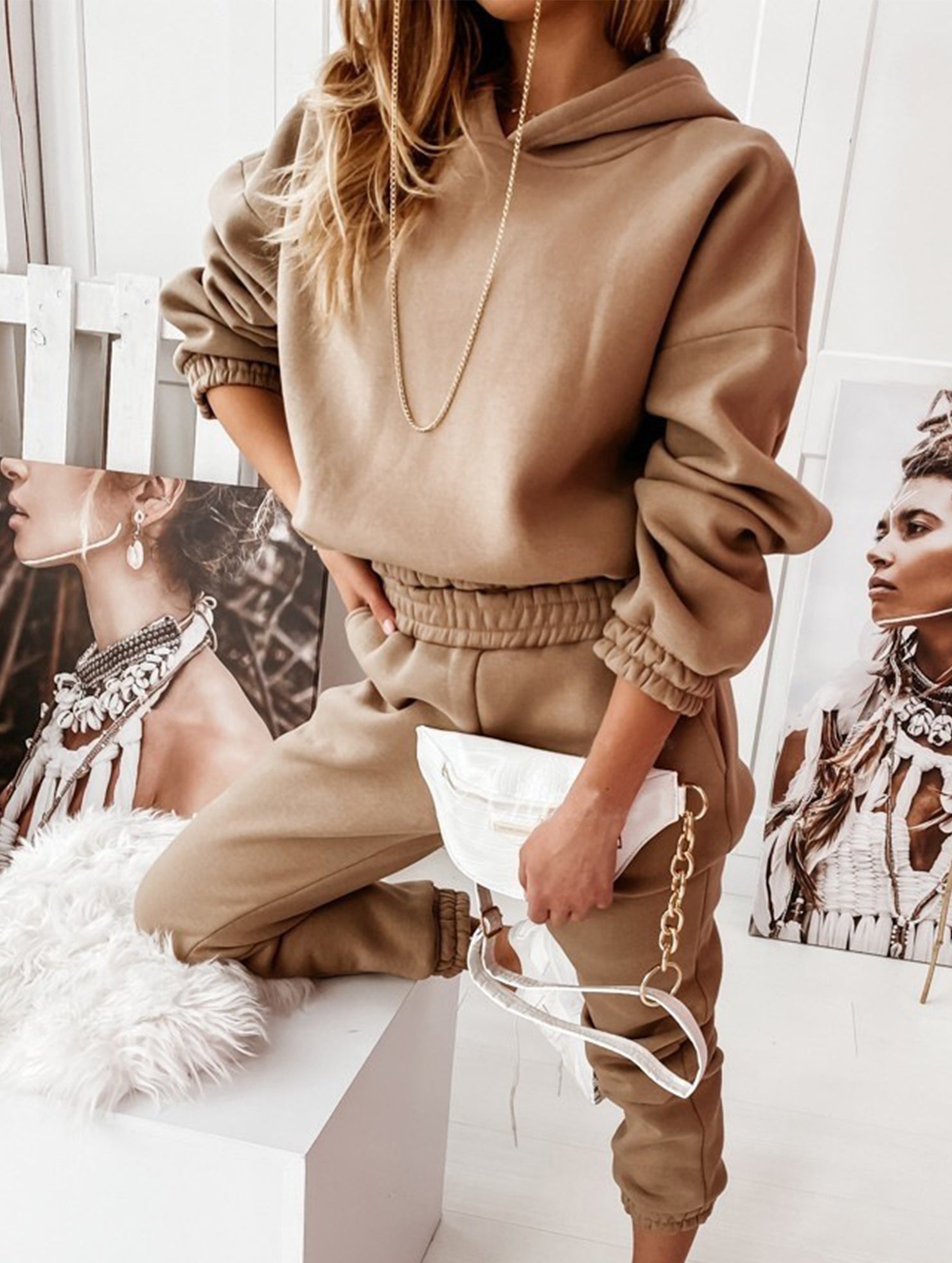 Solid color women's loungewear two-piece set