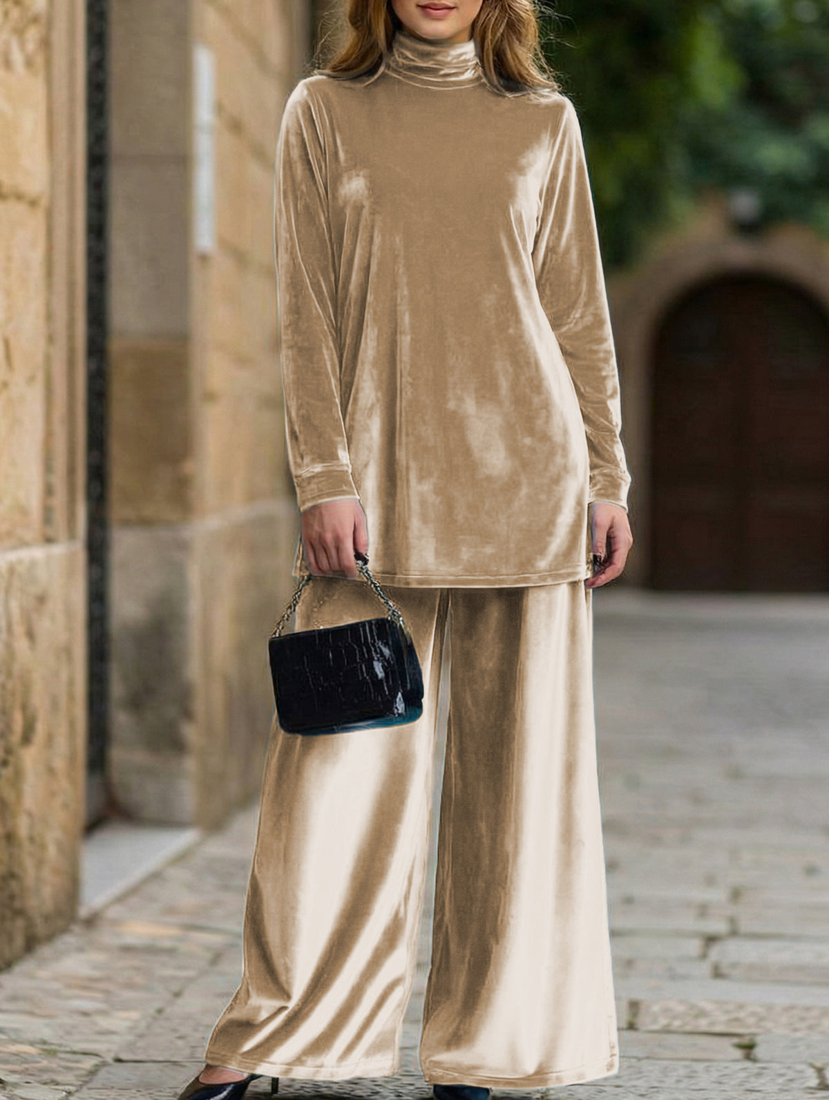 Velvet loose-fitting plus size turtleneck slit suit_CWSBSL00058