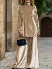 Velvet loose-fitting plus size turtleneck slit suit_CWSBSL00058