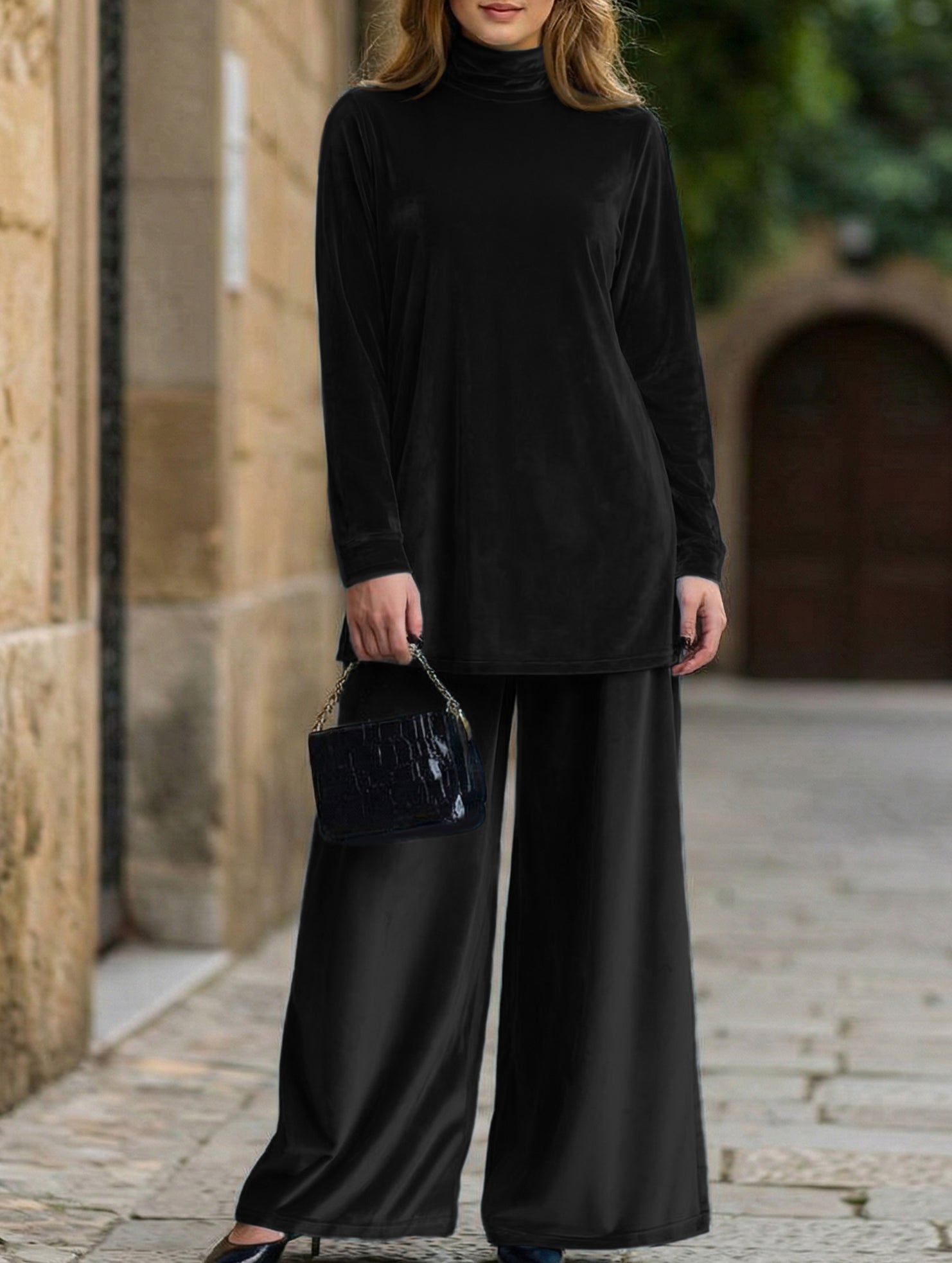Velvet loose-fitting plus size turtleneck slit suit_CWSBSL00058