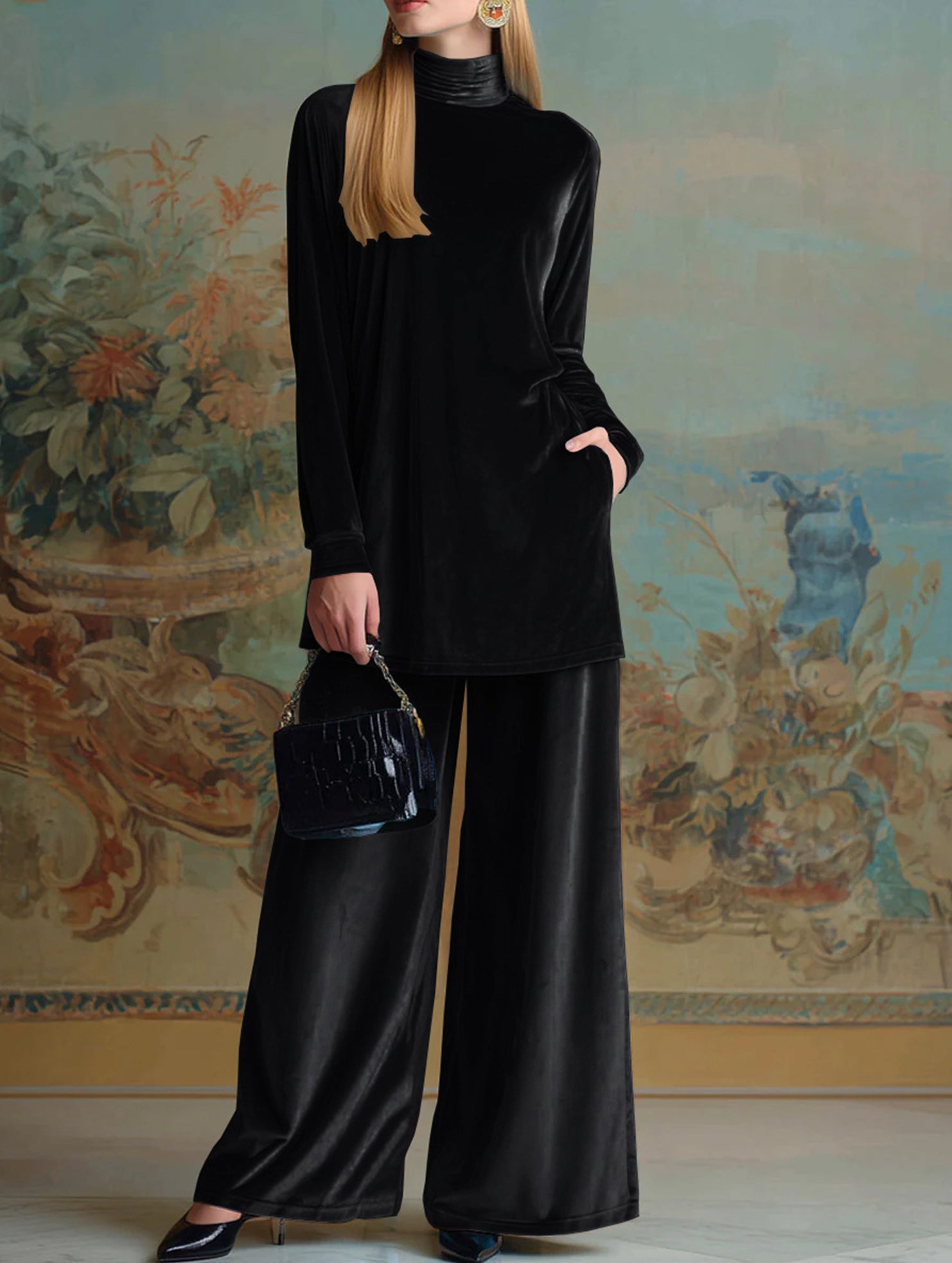 Velvet loose-fitting plus size turtleneck slit suit_CWSBSL00058