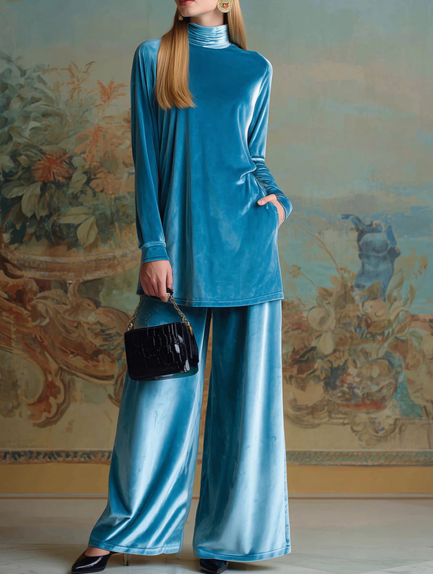 Velvet loose-fitting plus size turtleneck slit suit_CWSBSL00058