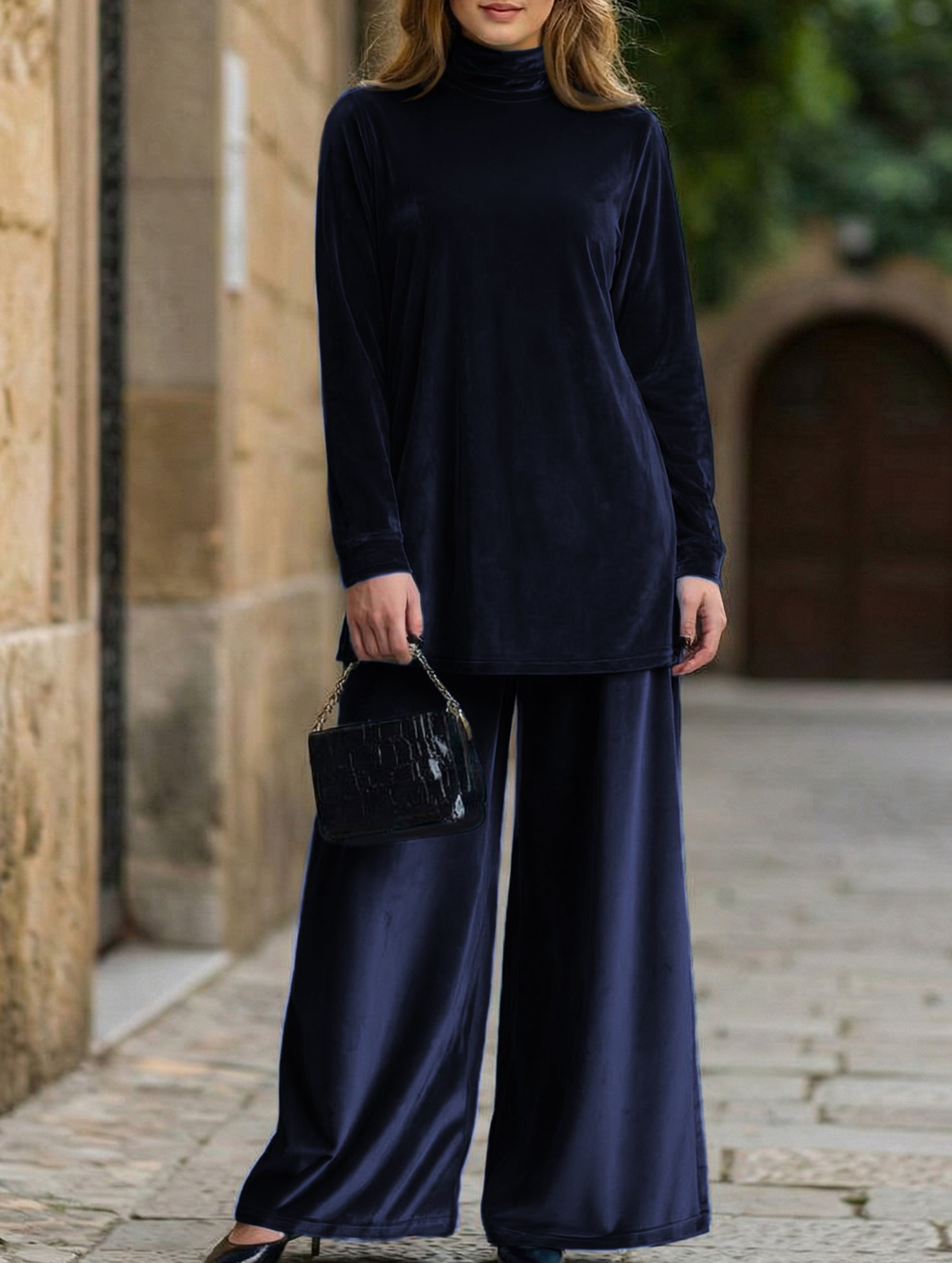 Velvet loose-fitting plus size turtleneck slit suit_CWSBSL00058
