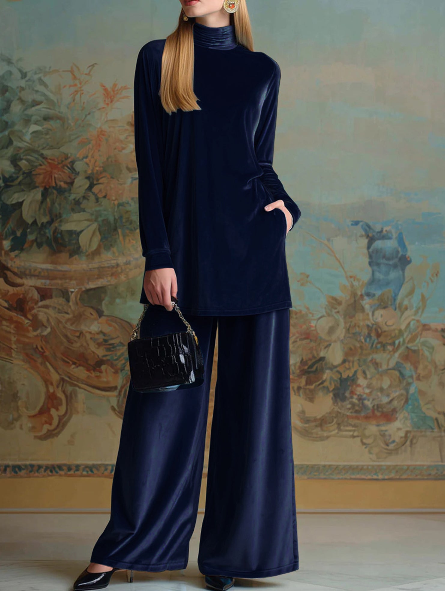 Velvet loose-fitting plus size turtleneck slit suit_CWSBSL00058