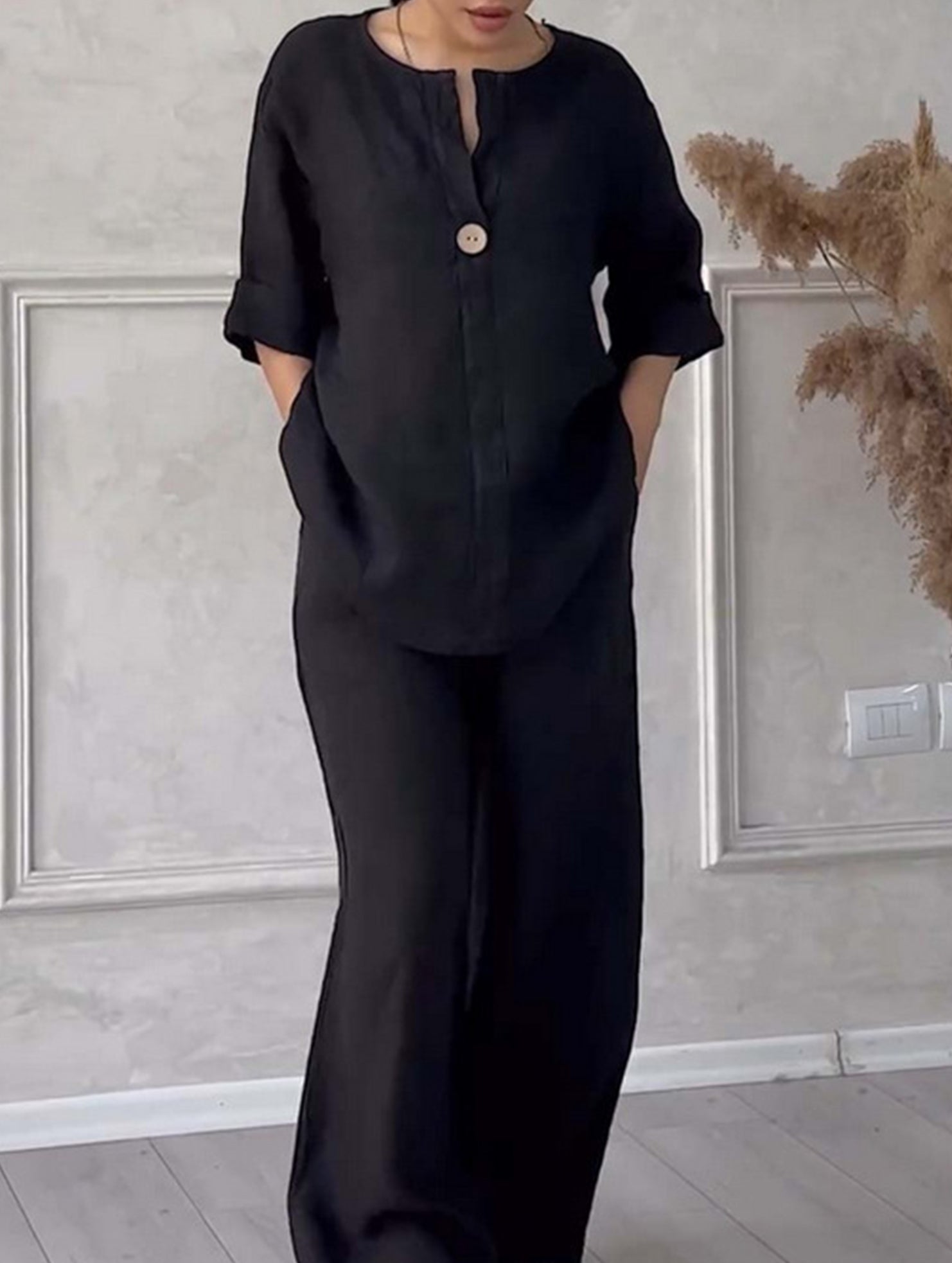 Stylish solid color cotton and linen casual suit trousers_CWSBSL00059