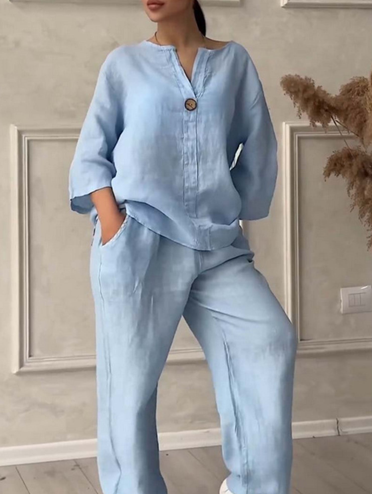 Stylish solid color cotton and linen casual suit trousers_CWSBSL00059