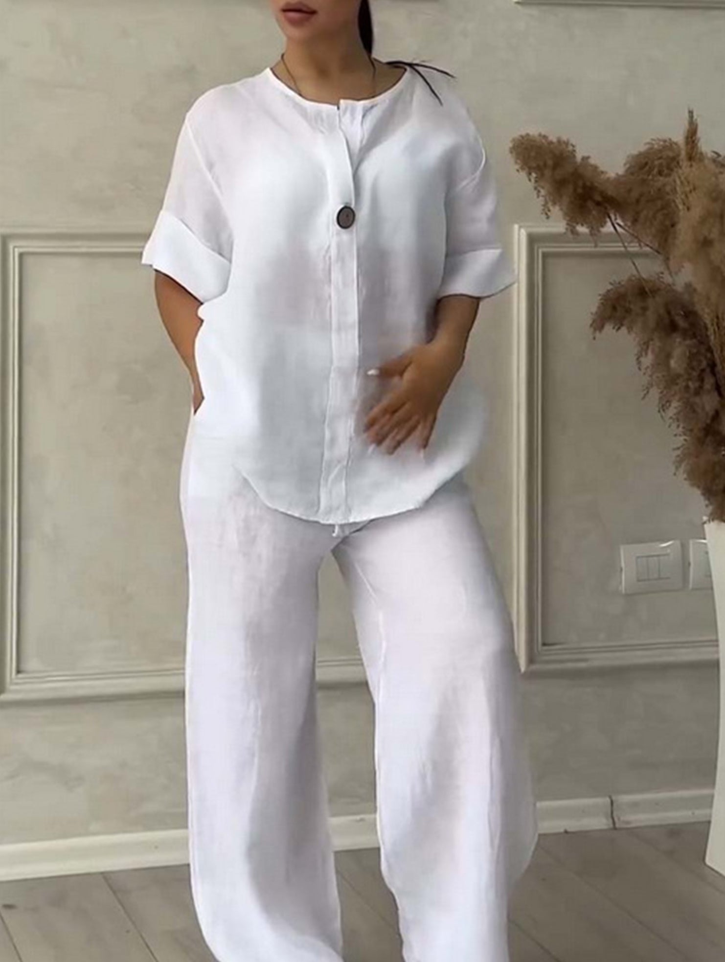 Stylish solid color cotton and linen casual suit trousers_CWSBSL00059