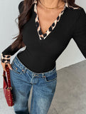 Slim Leopard Patchwork Knit Bodysuit Shirt_CWSBSL00064