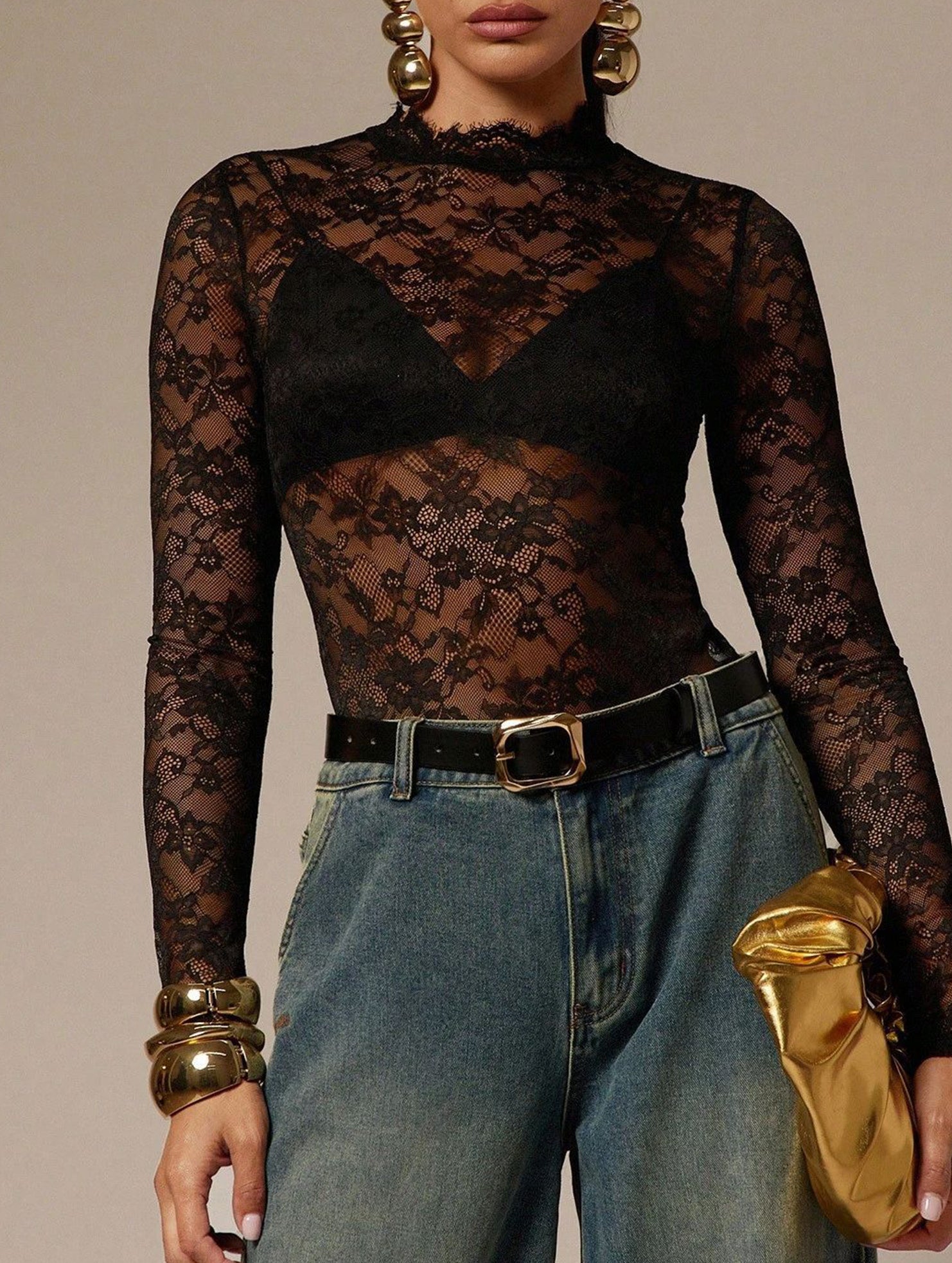 Lace Mock Neck Long Sleeve Slim Bodysuit