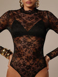 Lace Mock Neck Long Sleeve Slim Bodysuit