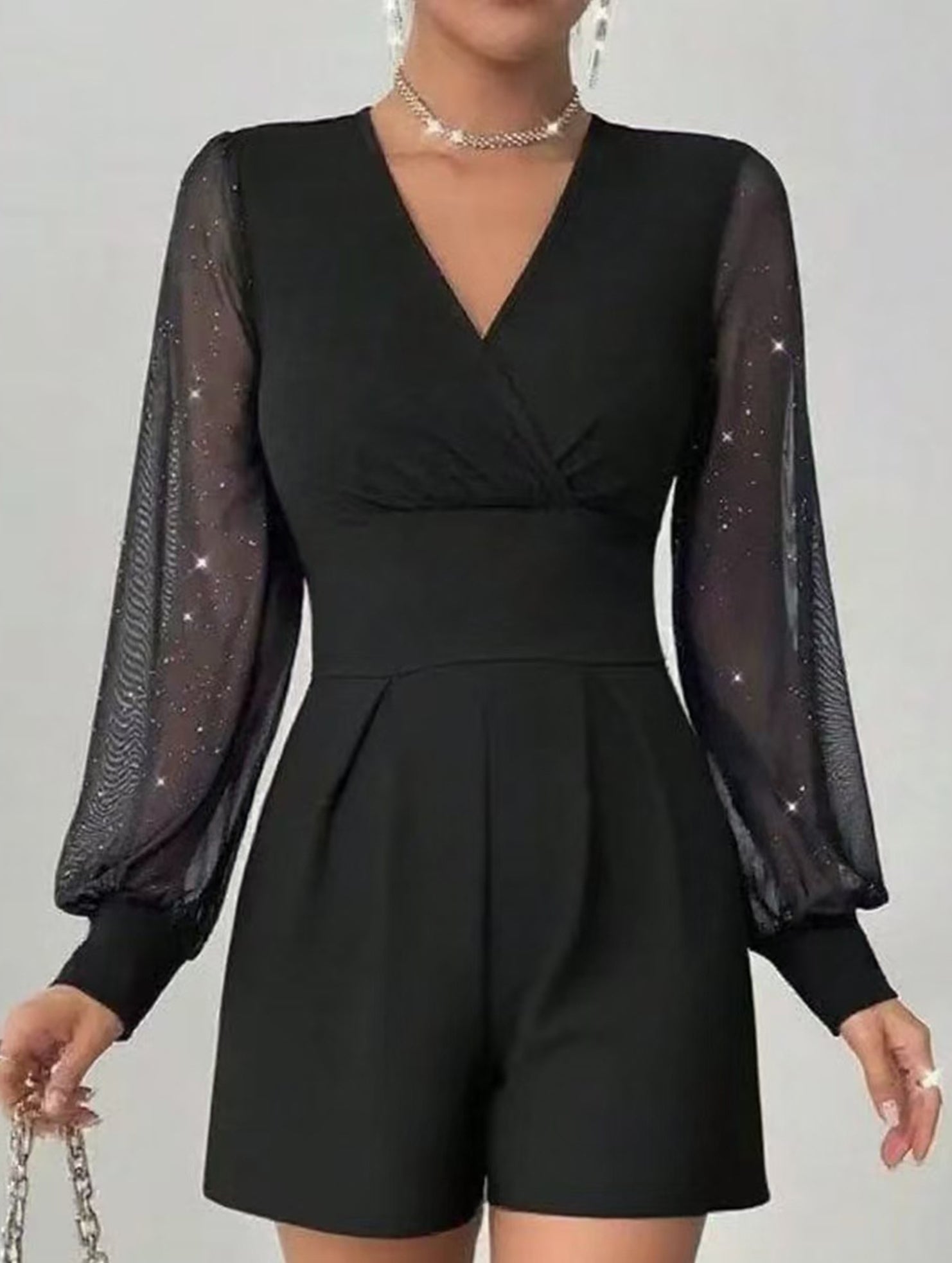 V-neck, fitted waist, mesh panel straight-leg jumpsuit_CWSBSL00069