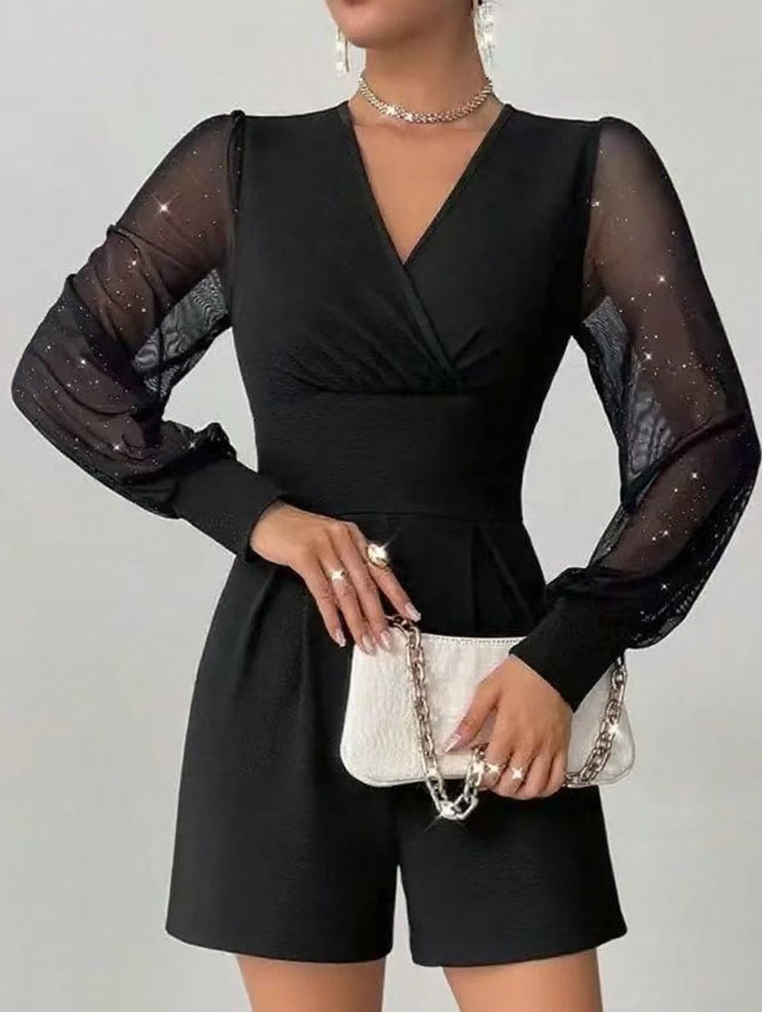 V-neck, fitted waist, mesh panel straight-leg jumpsuit_CWSBSL00069