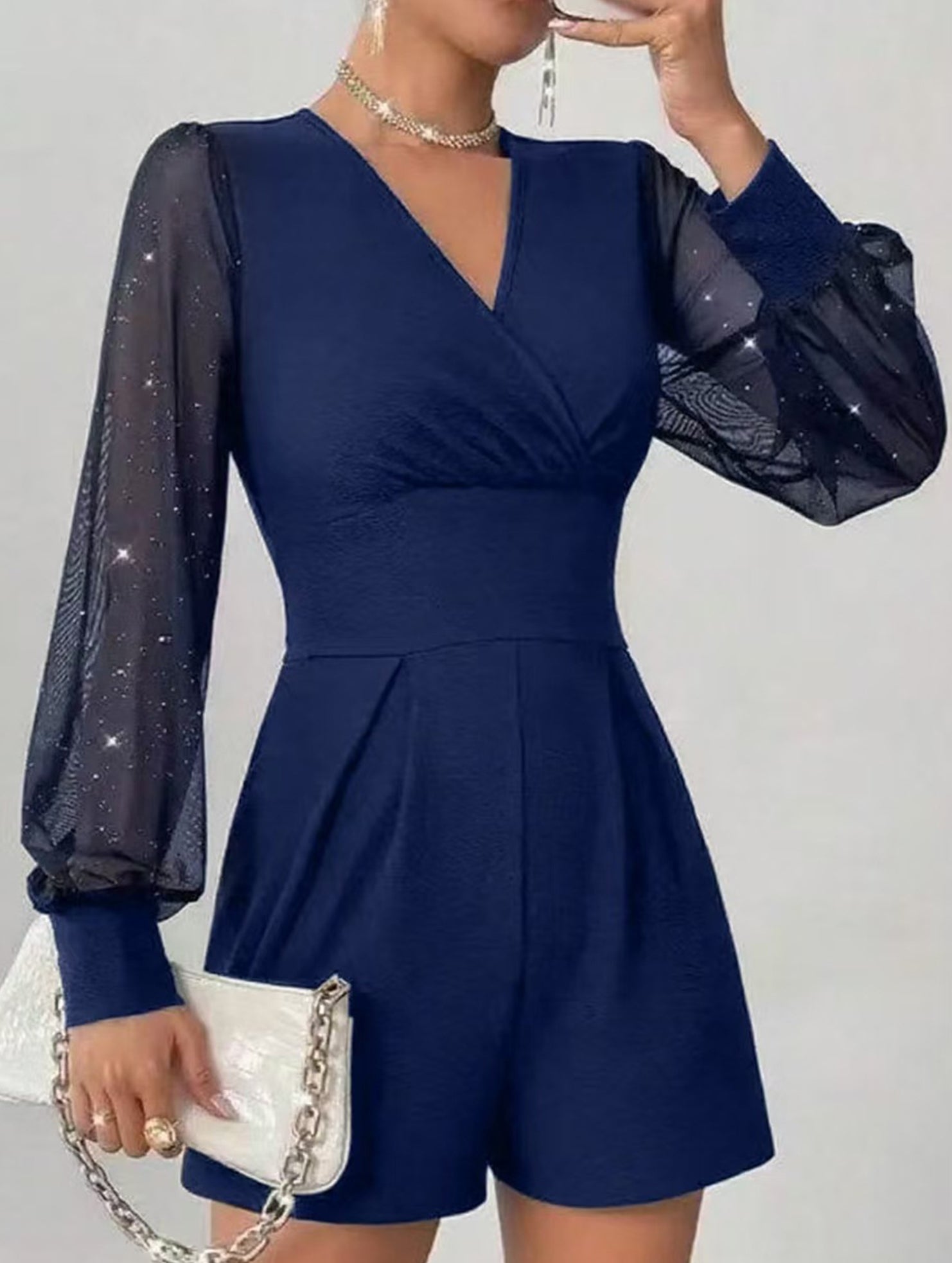 V-neck, fitted waist, mesh panel straight-leg jumpsuit_CWSBSL00069