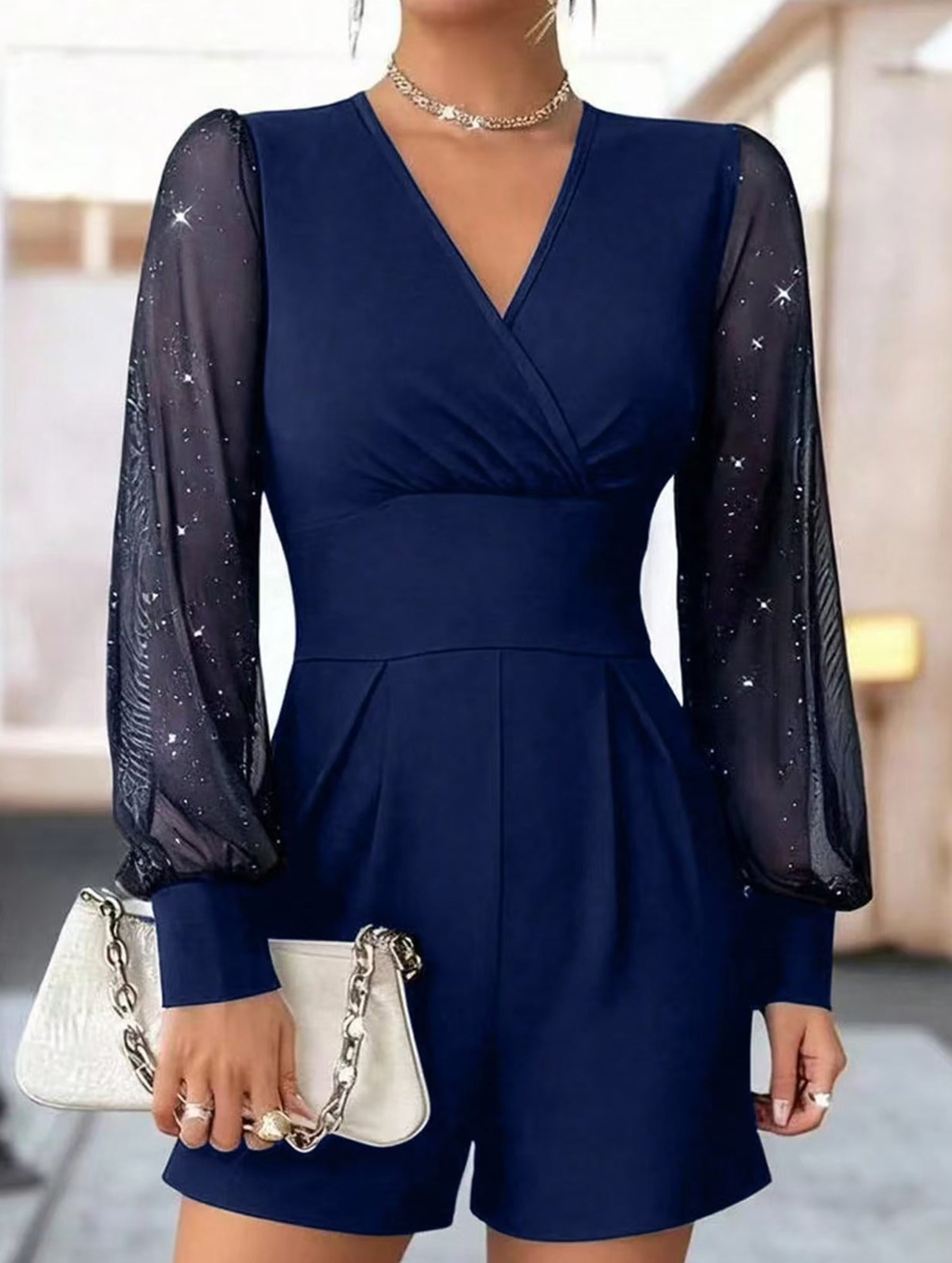 V-neck, fitted waist, mesh panel straight-leg jumpsuit_CWSBSL00069