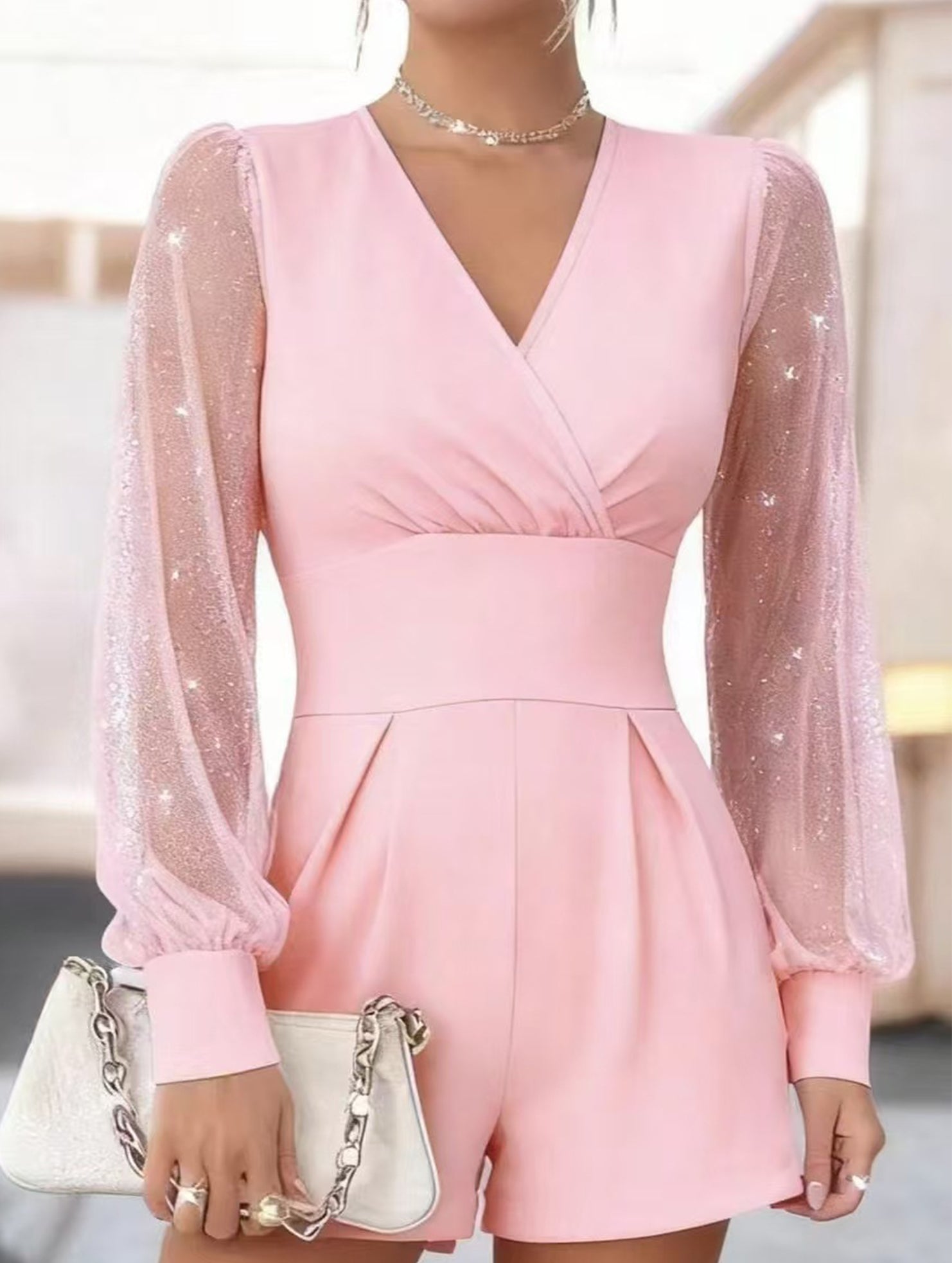 V-neck, fitted waist, mesh panel straight-leg jumpsuit_CWSBSL00069