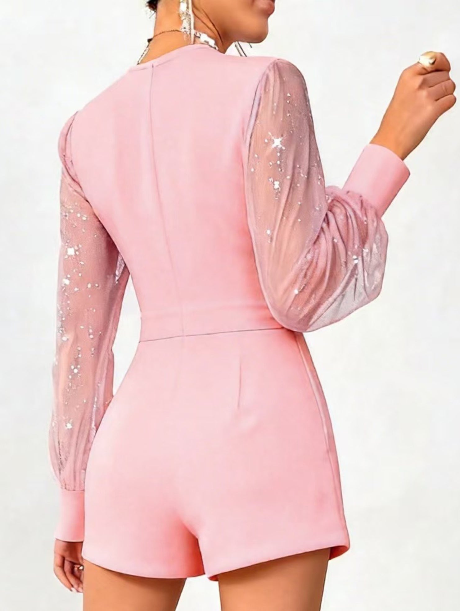 V-neck, fitted waist, mesh panel straight-leg jumpsuit_CWSBSL00069