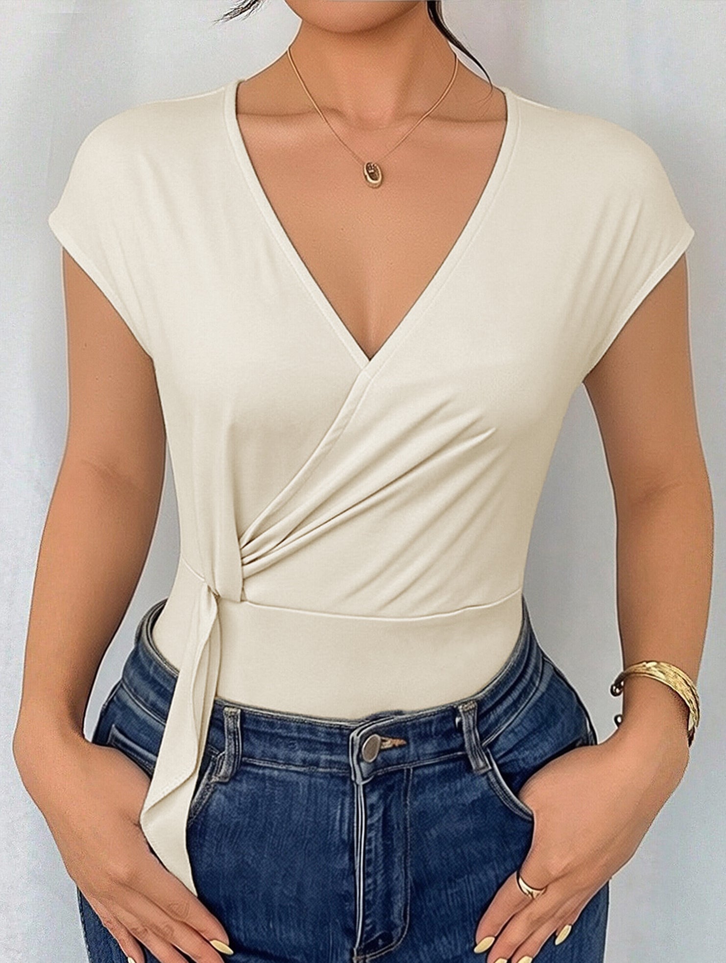 V Neck Tie Side Short Sleeve Jumpsuit