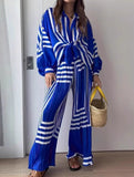 Striped Pleated Shirt and Wide Leg Pants Set_CWSJB00036