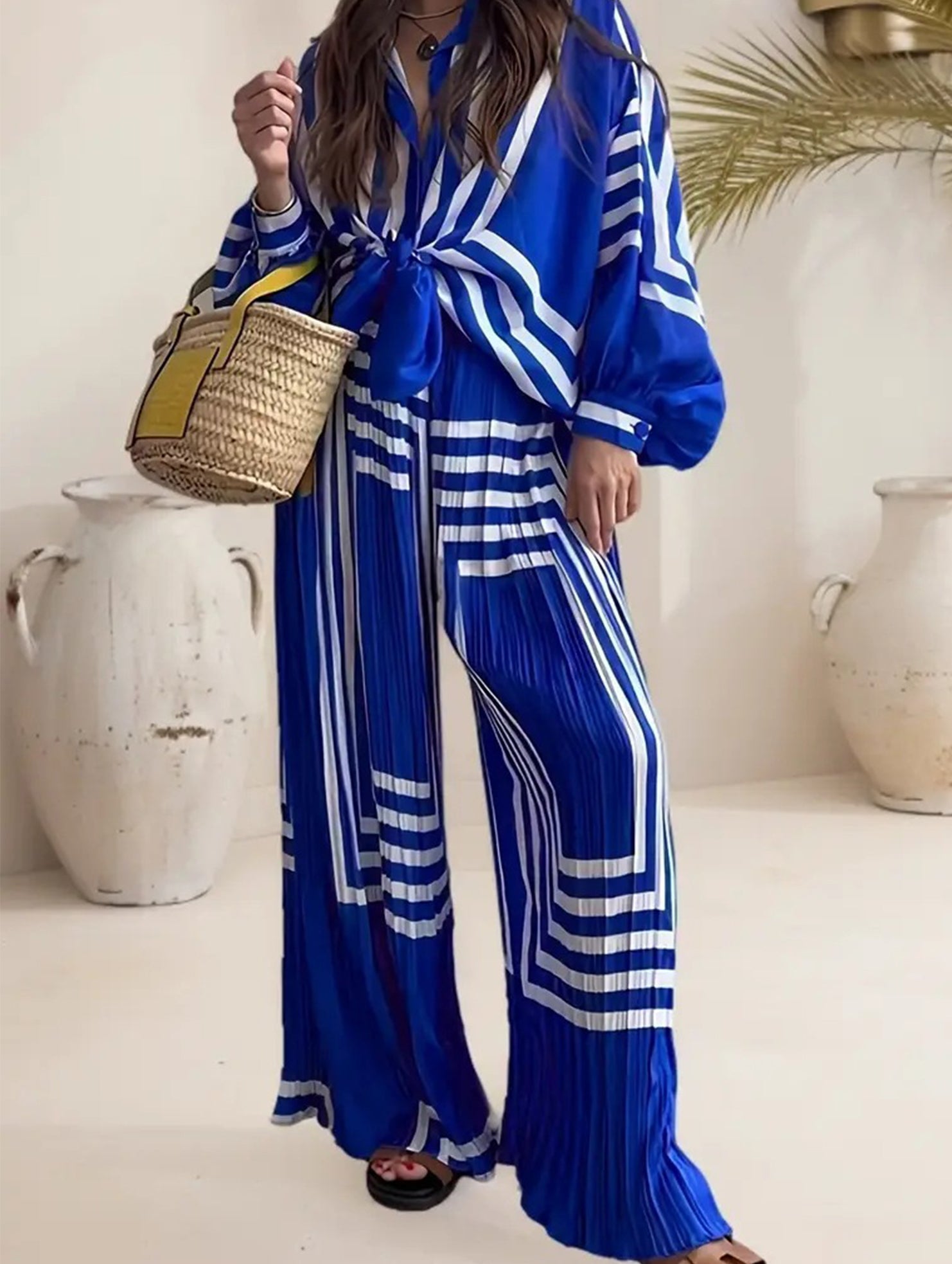 Striped Pleated Shirt and Wide Leg Pants Set_CWSJB00036