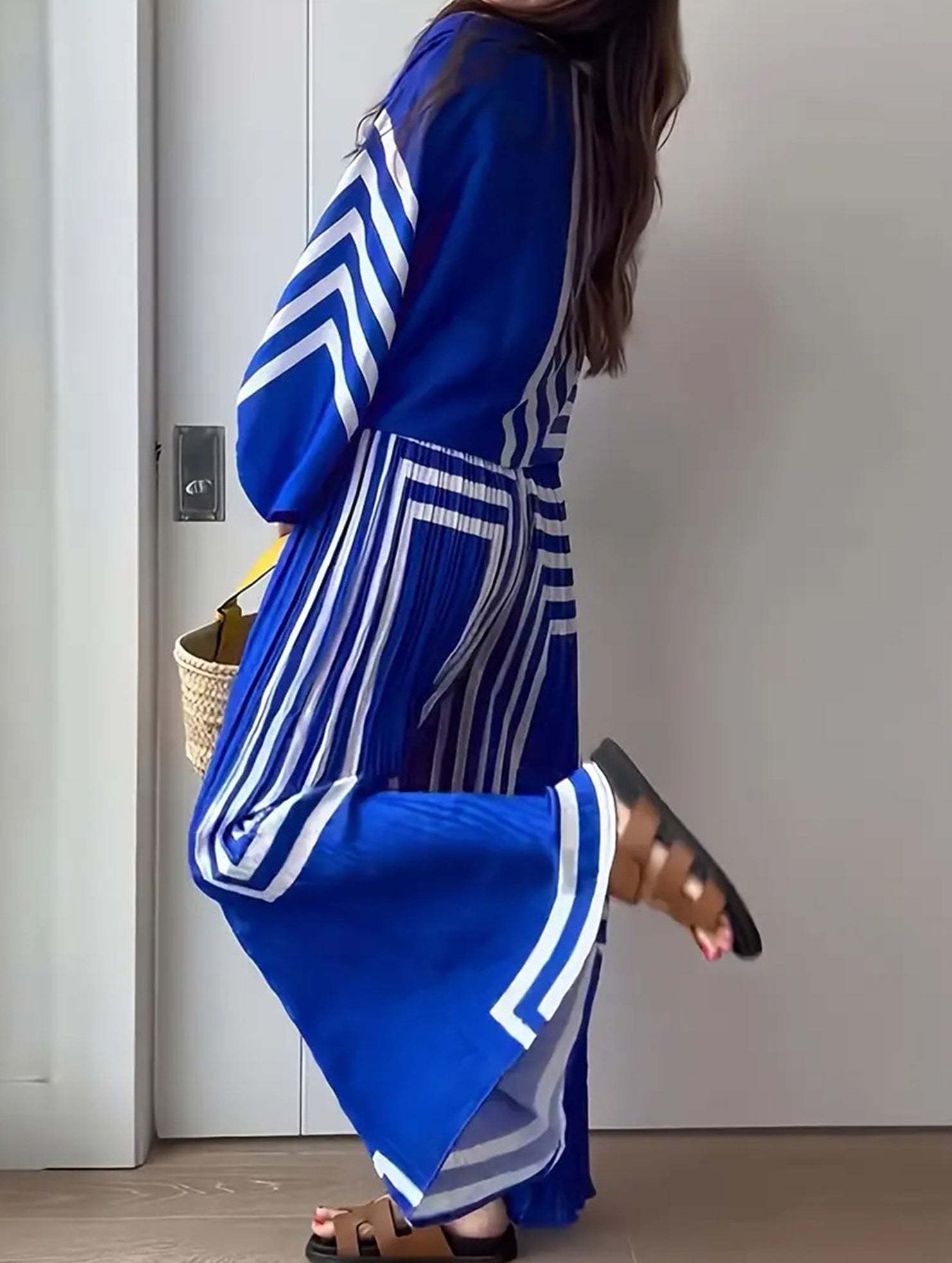 Striped Pleated Shirt and Wide Leg Pants Set_CWSJB00036