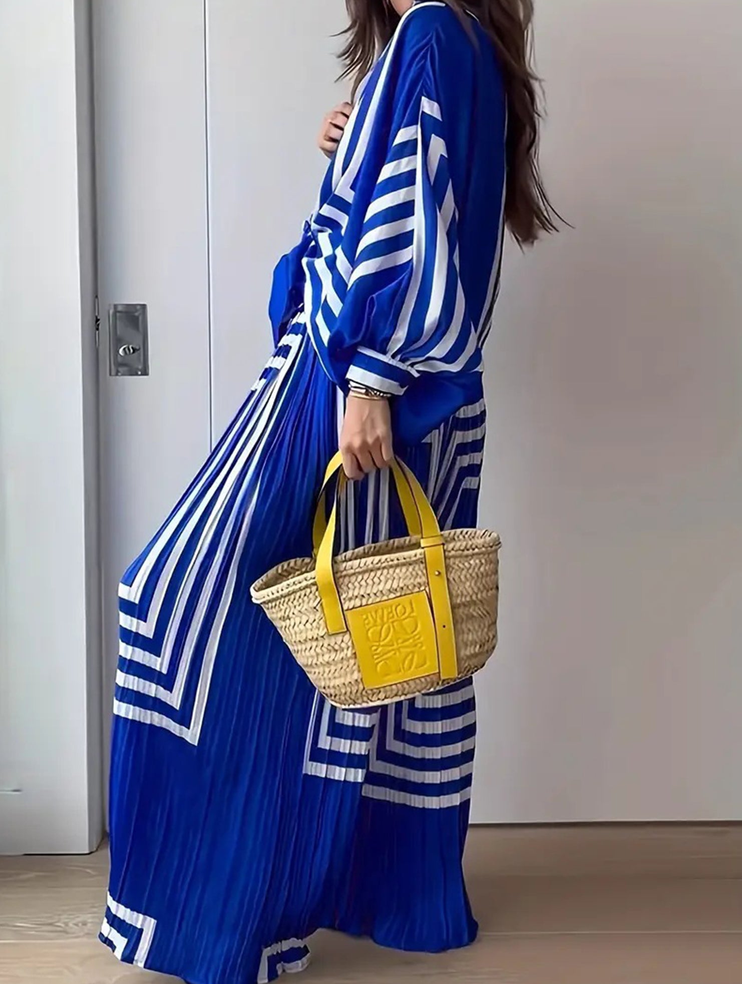 Striped Pleated Shirt and Wide Leg Pants Set_CWSJB00036