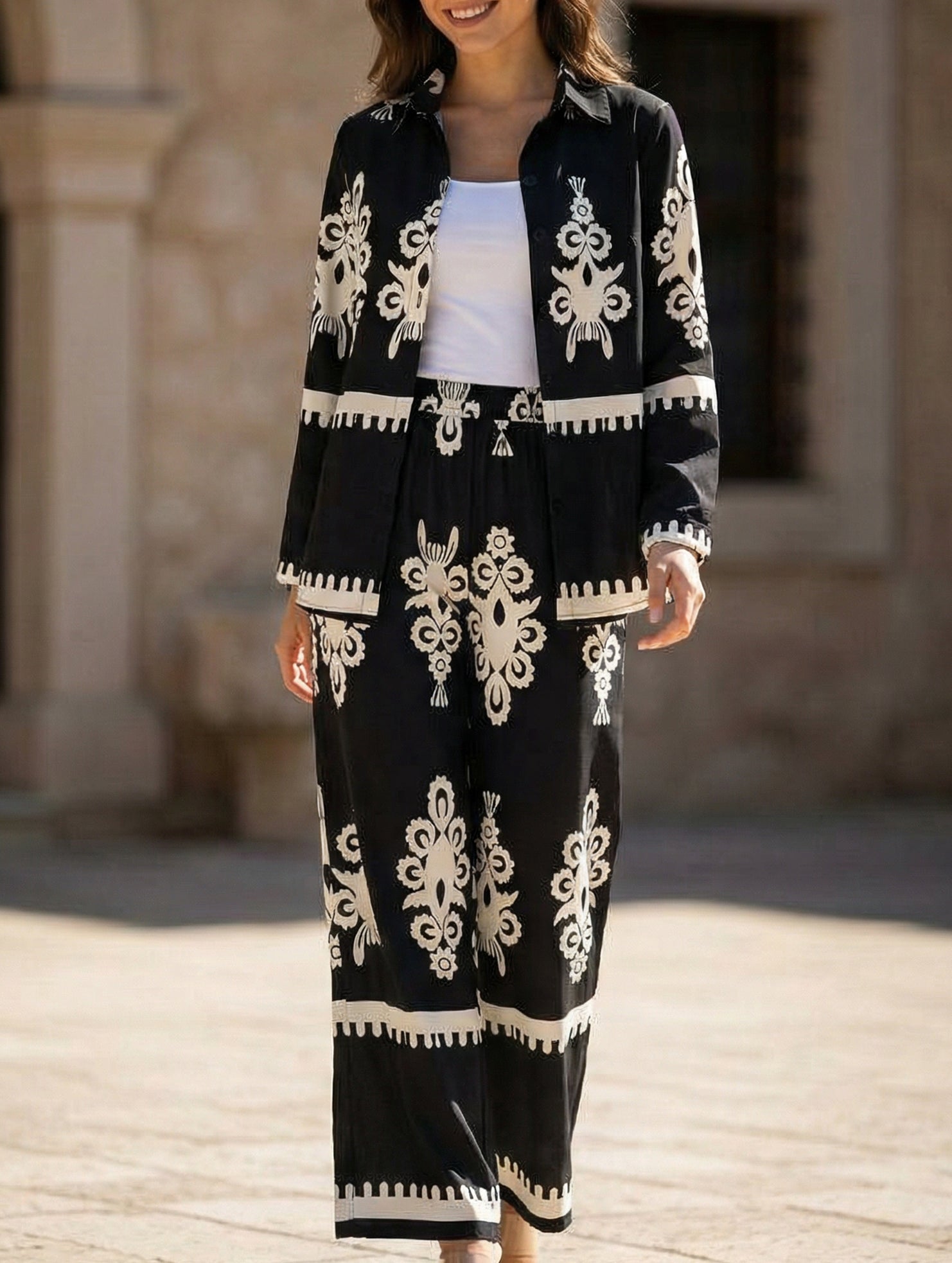 Geometric Print Shirt and Wide Pants Set_CWSJB00038