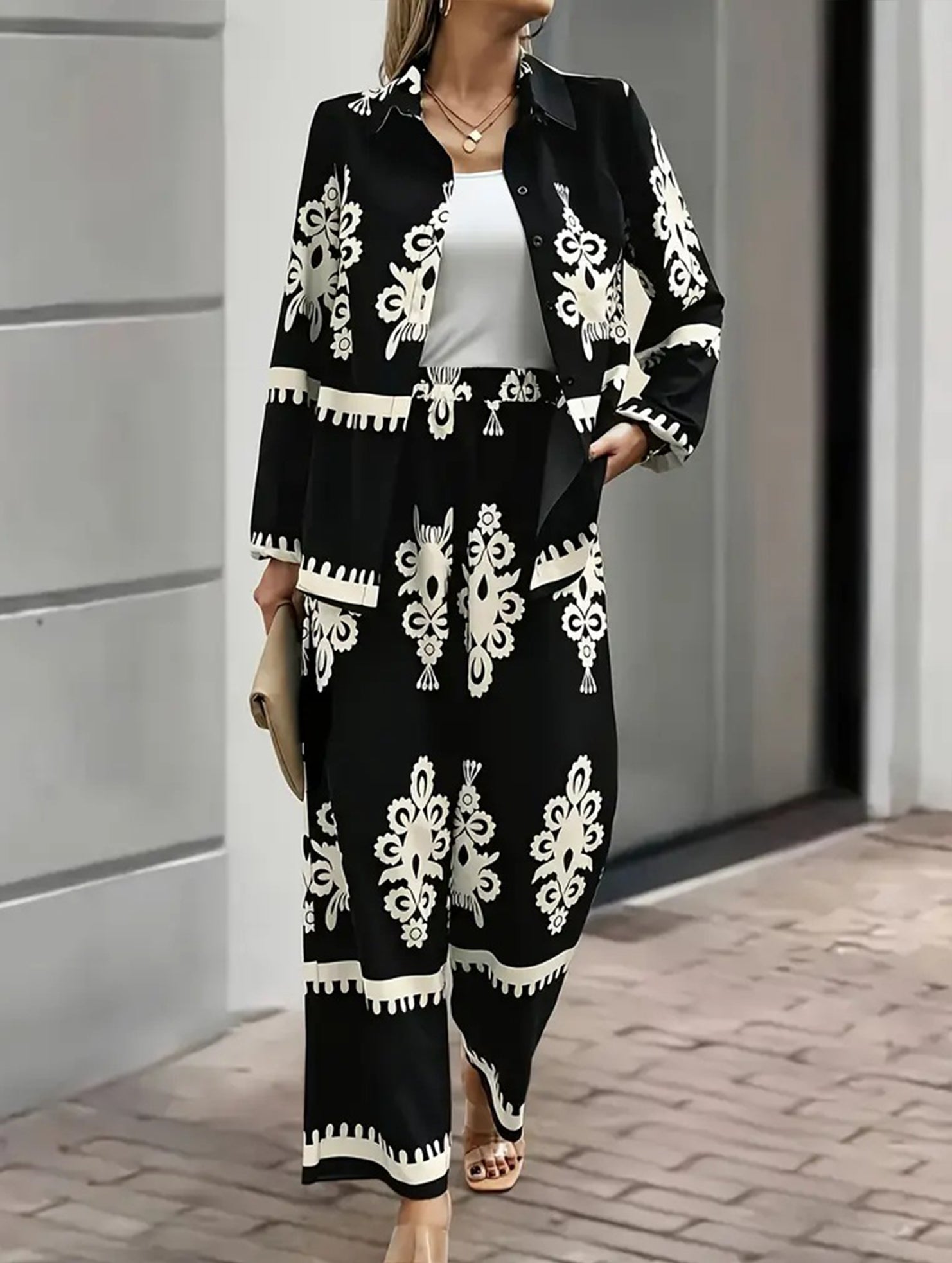 Geometric Print Shirt and Wide Pants Set_CWSJB00038