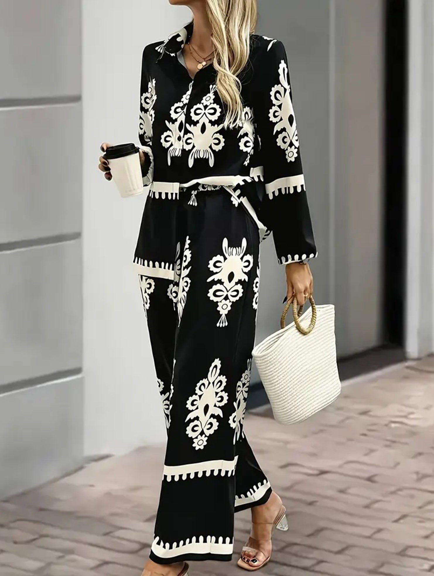 Geometric Print Shirt and Wide Pants Set_CWSJB00038