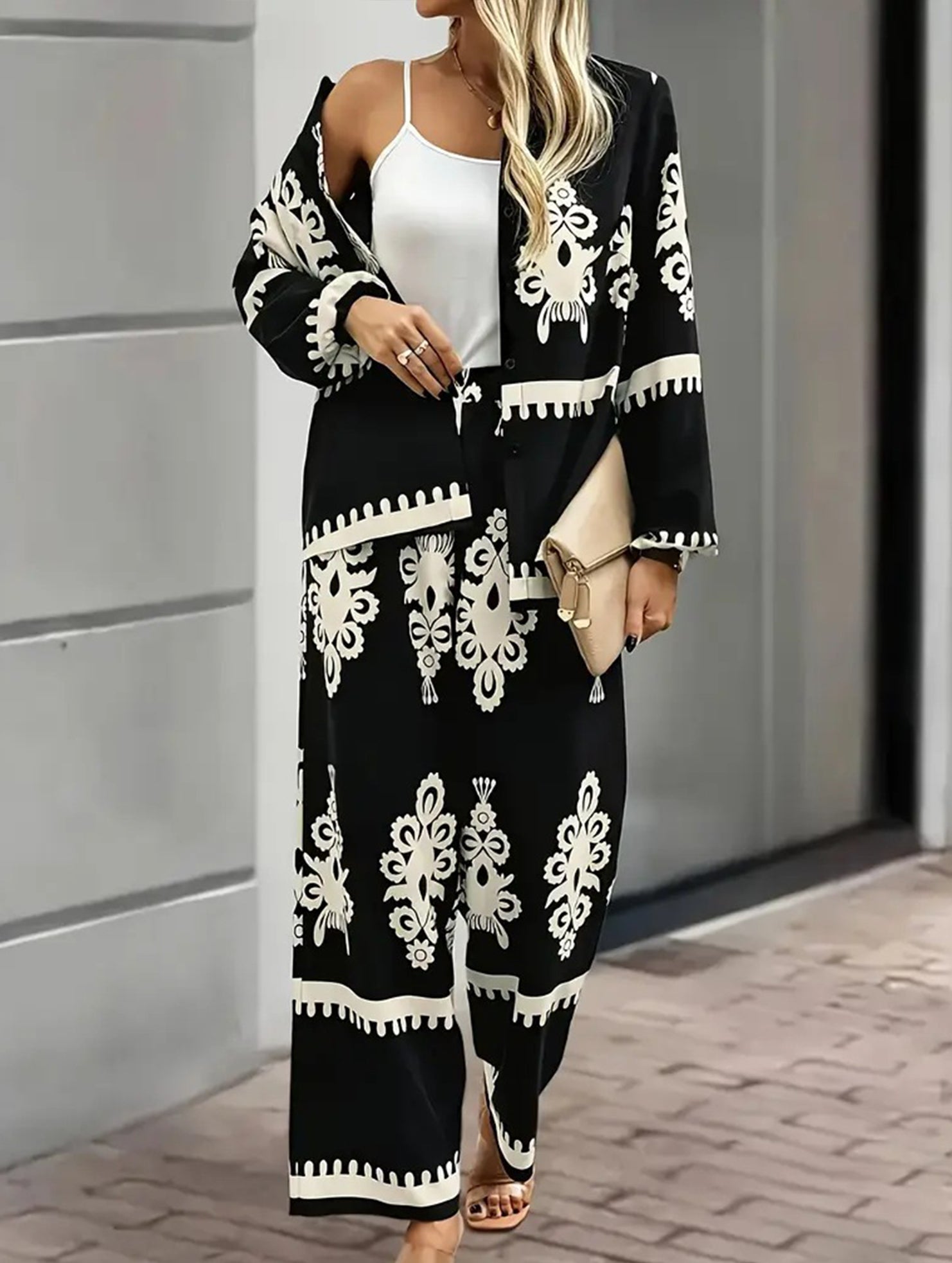 Geometric Print Shirt and Wide Pants Set_CWSJB00038