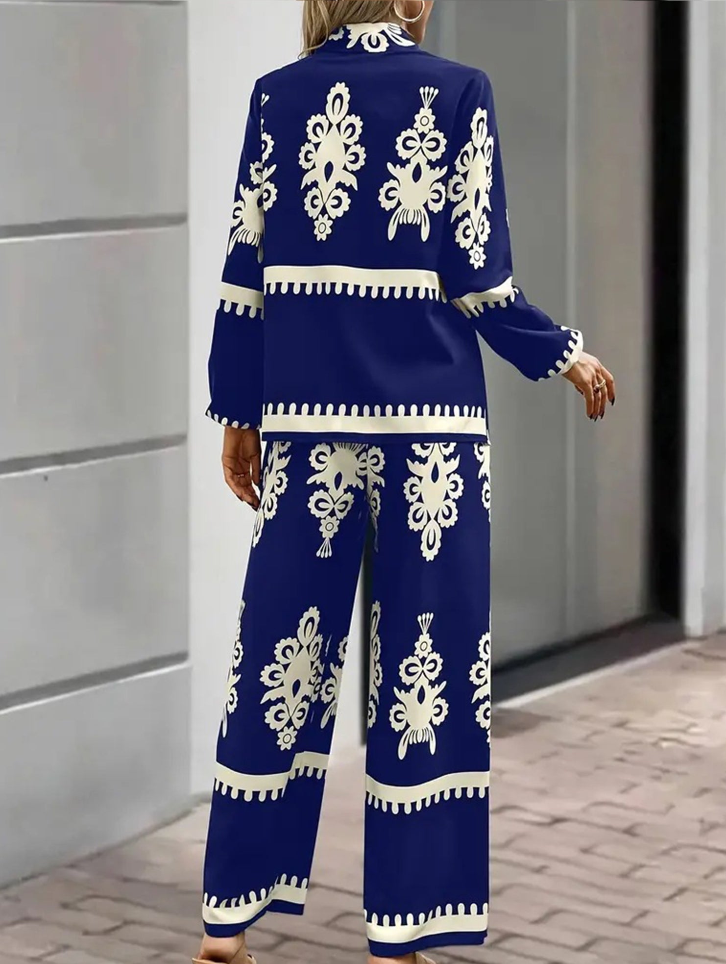 Geometric Print Shirt and Wide Pants Set_CWSJB00038