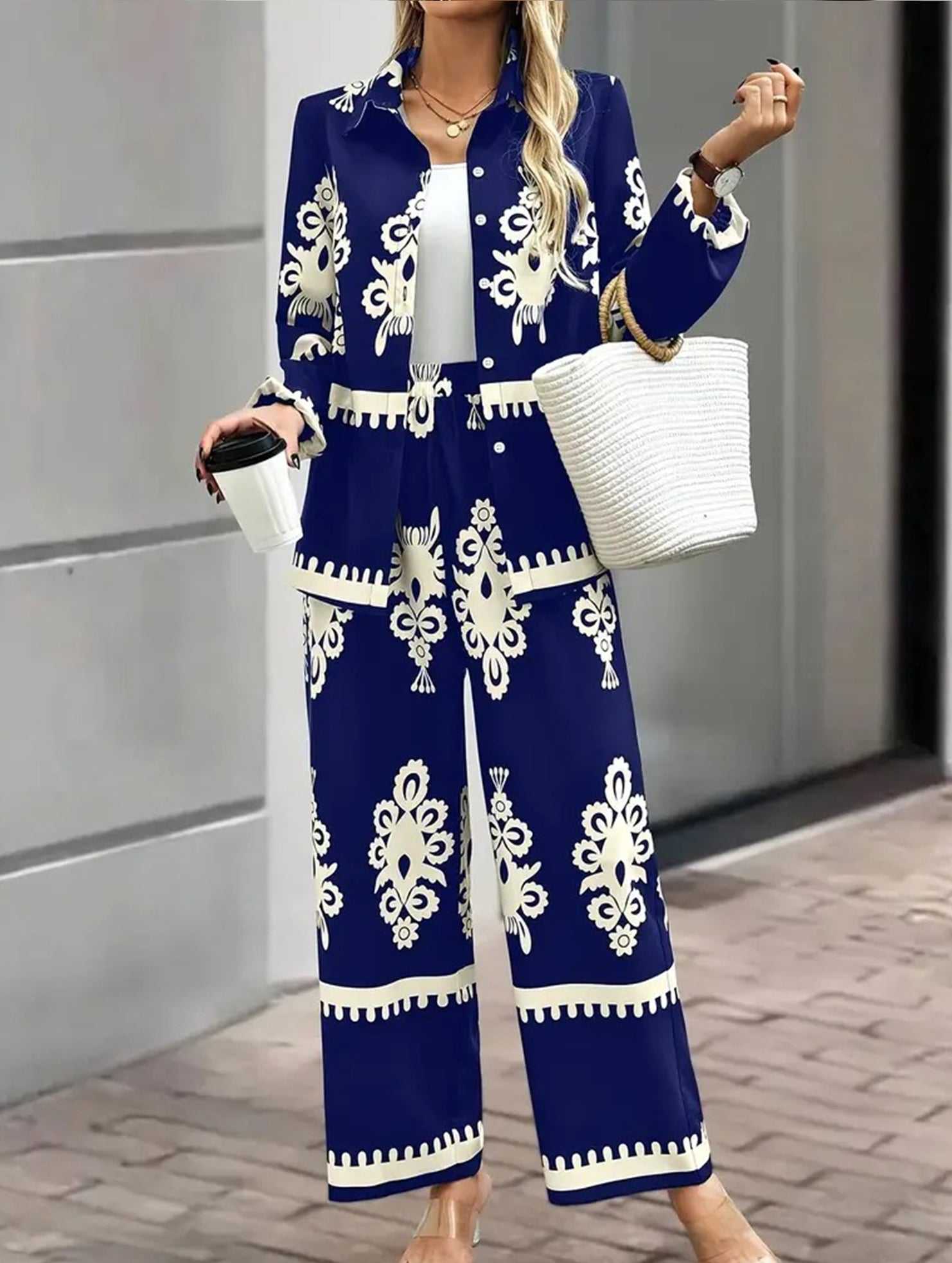 Geometric Print Shirt and Wide Pants Set_CWSJB00038