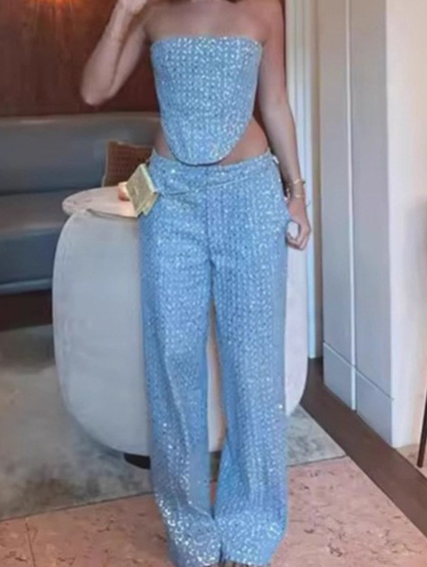 Denim sequined slim-fit tube-top wide-leg pants