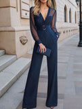 Deep V-neck mesh patchwork jumpsuit