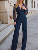 Deep V-neck mesh patchwork jumpsuit