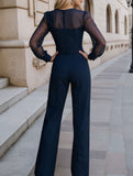 Deep V-neck mesh patchwork jumpsuit
