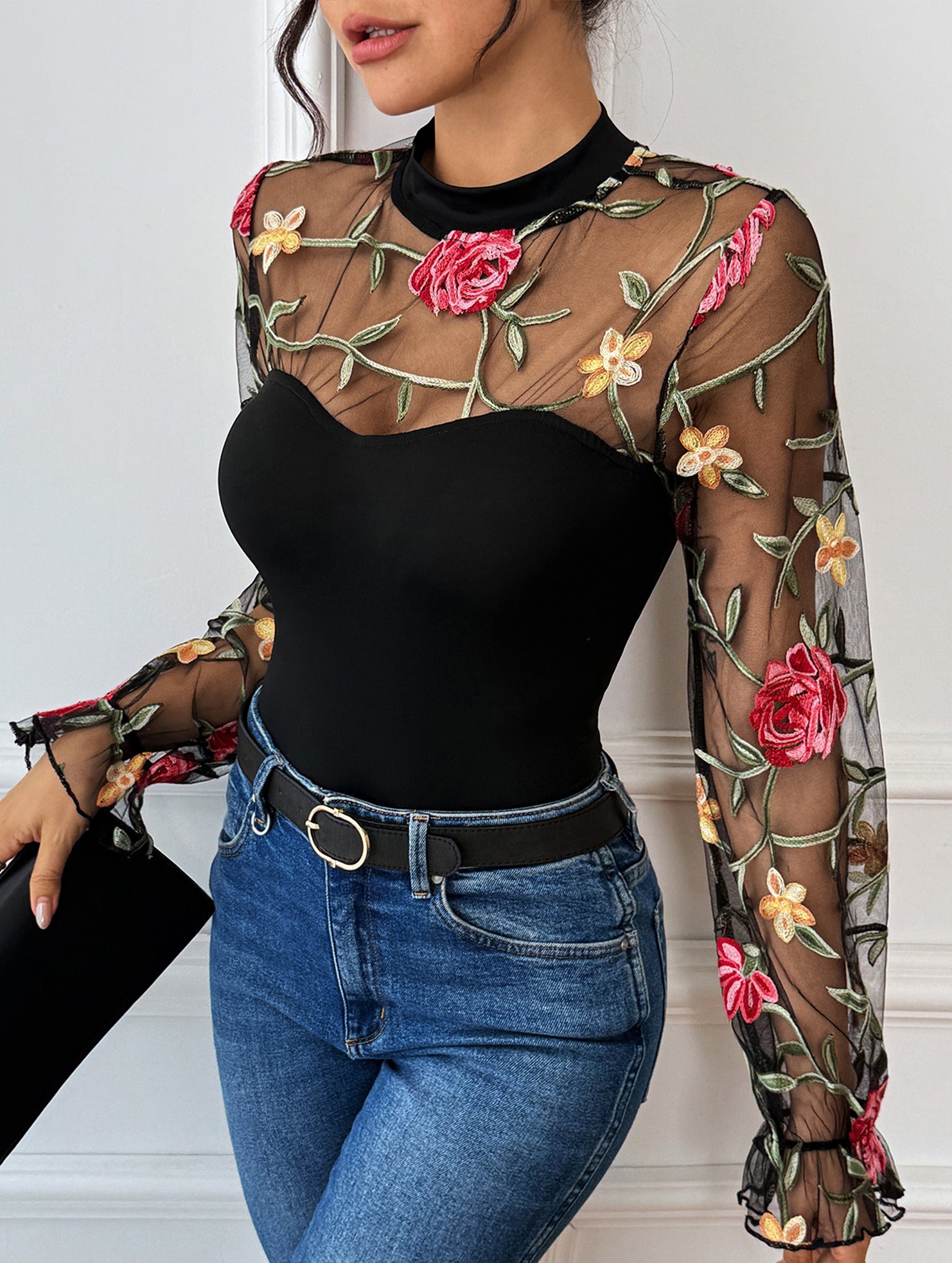 Lace-trimmed see-through high-neck bodysuit