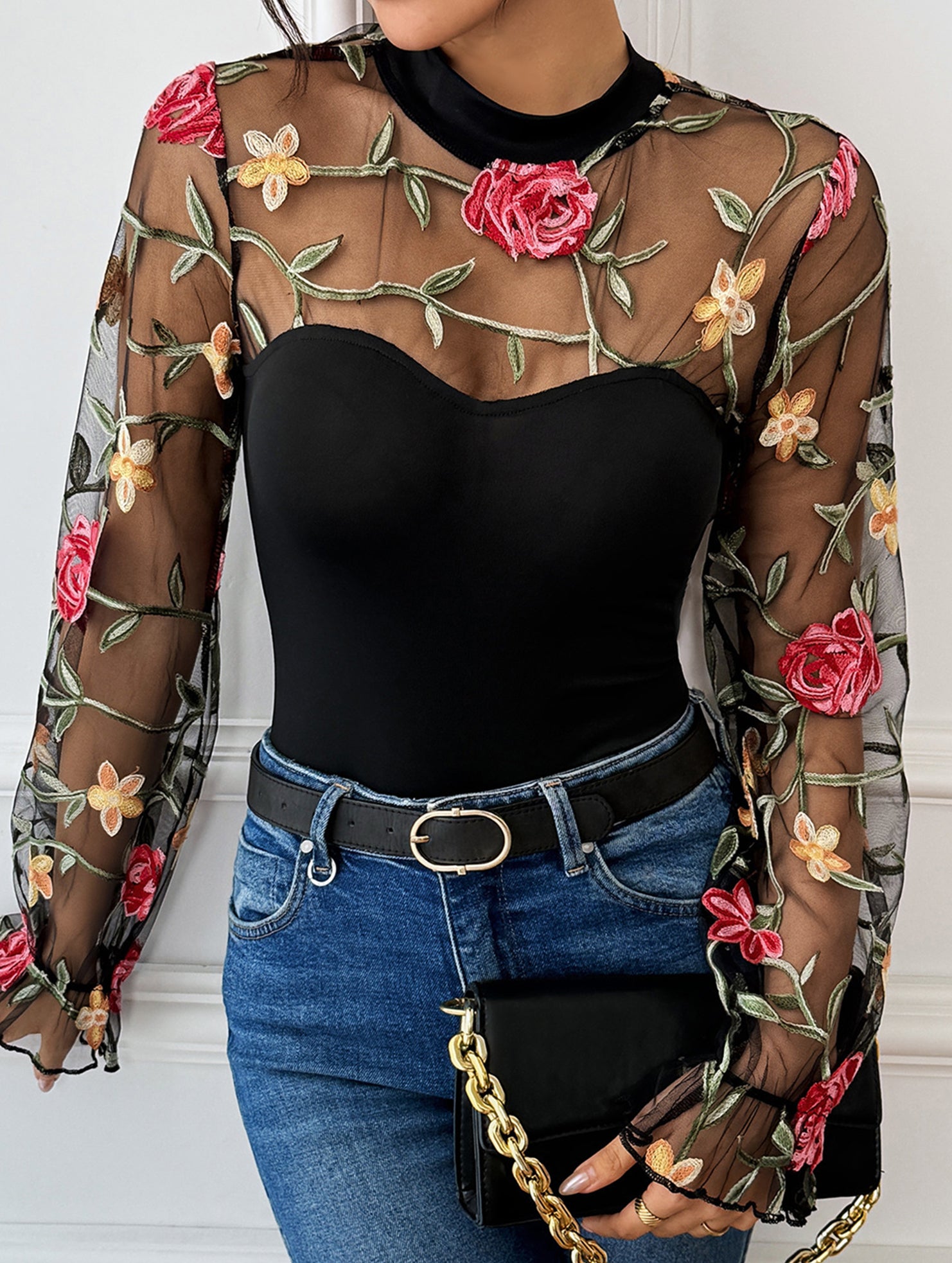 Lace-trimmed see-through high-neck bodysuit