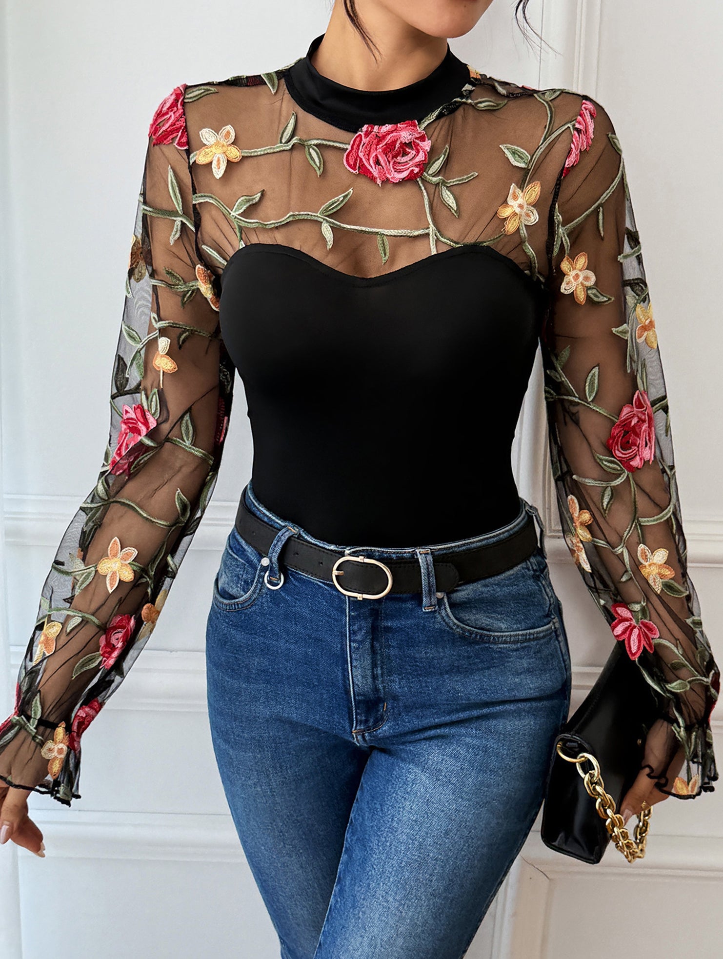 Lace-trimmed see-through high-neck bodysuit